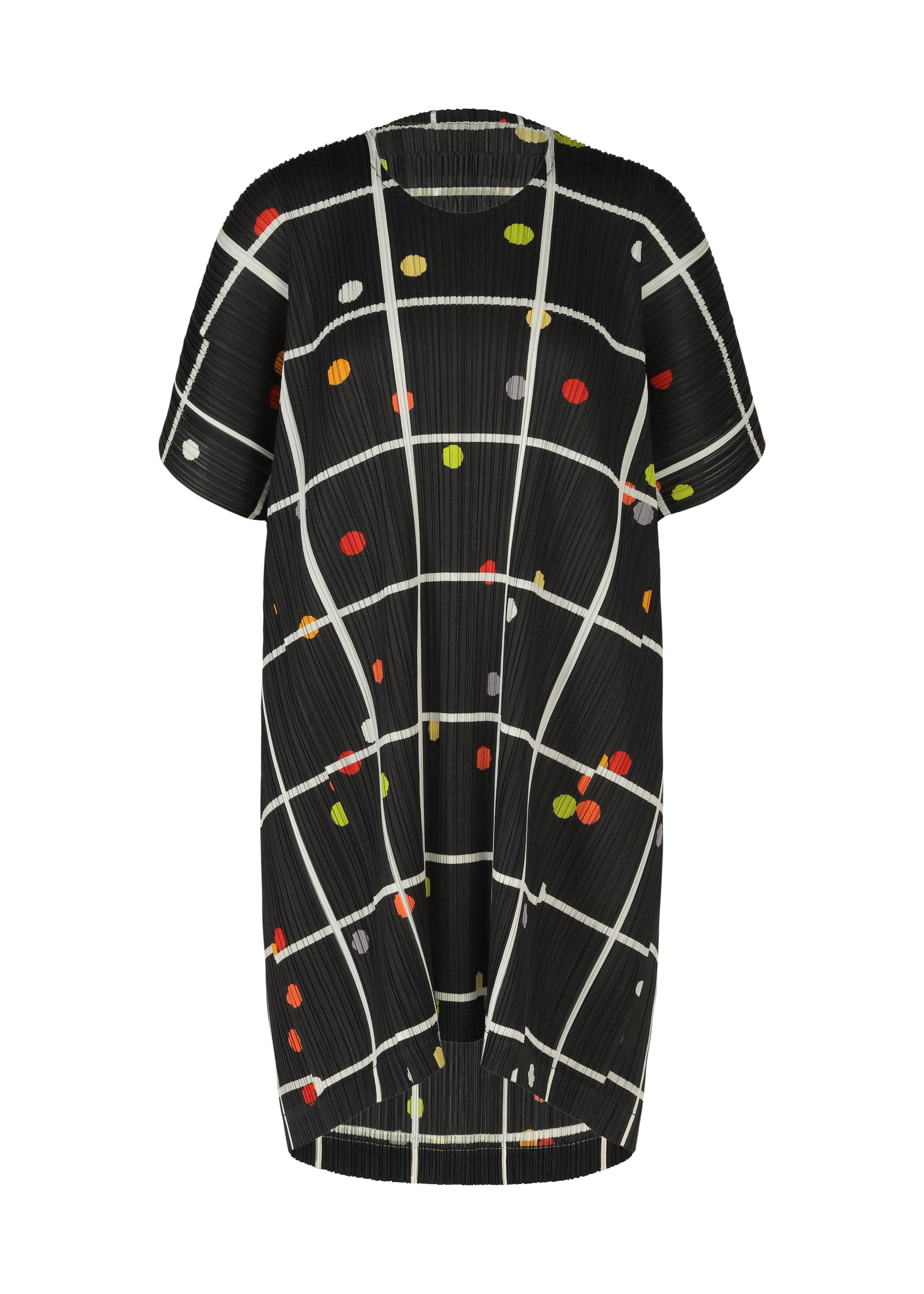Zoomed view The CROSSING DOTS tunic by PLEATS PLEASE ISSEY MIYAKE features a black short-sleeved, round-neck design with a white plaid and dots pattern accented in red, yellow, orange, and green. Its loose fit is ideal for casual wear. - BLACK （no.15）