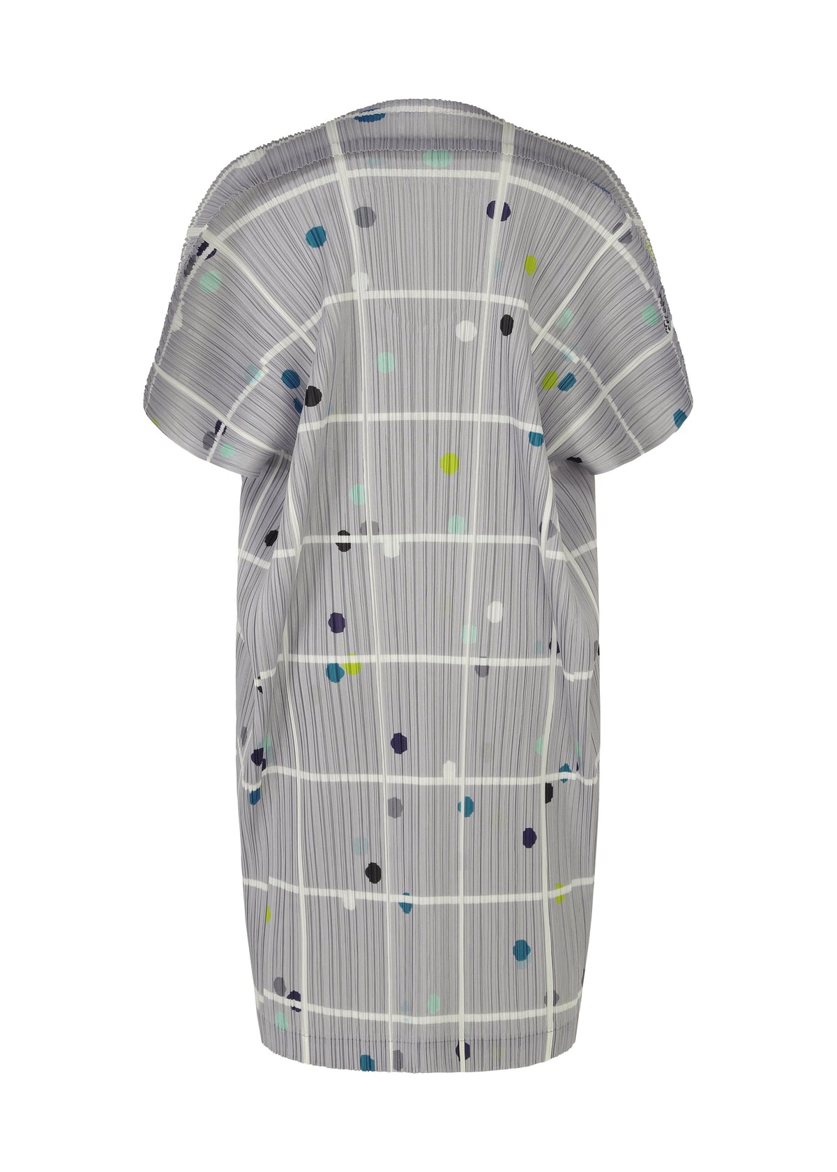 The CROSSING DOTS tunic by PLEATS PLEASE ISSEY MIYAKE is a knee-length, short-sleeve, loose-fit style featuring a gray base with plaid stripes and multicolored dots in blue, yellow, green, and black. view 2 of 9