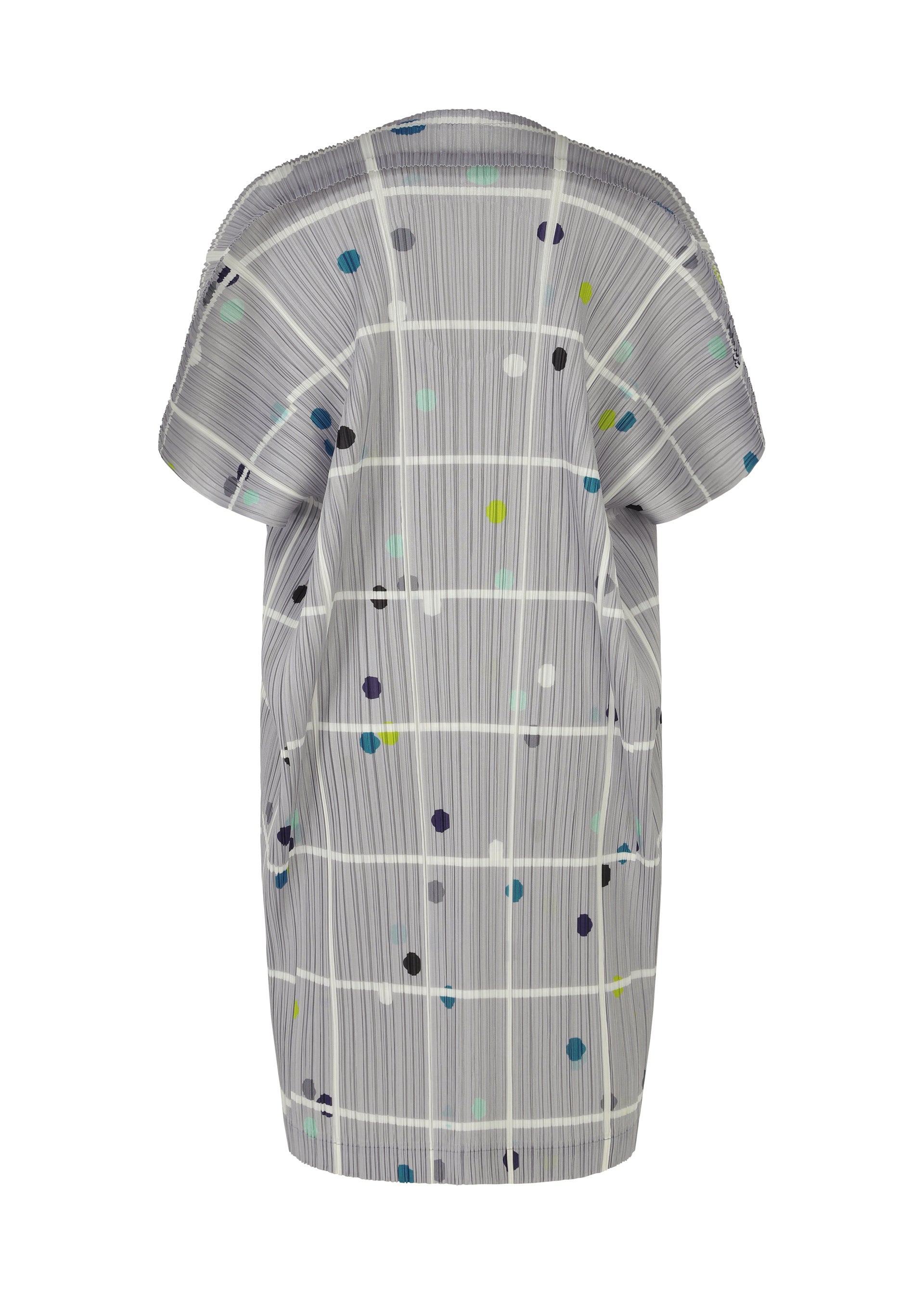 Zoomed view The CROSSING DOTS tunic by PLEATS PLEASE ISSEY MIYAKE is a knee-length, short-sleeve, loose-fit style featuring a gray base with plaid stripes and multicolored dots in blue, yellow, green, and black.