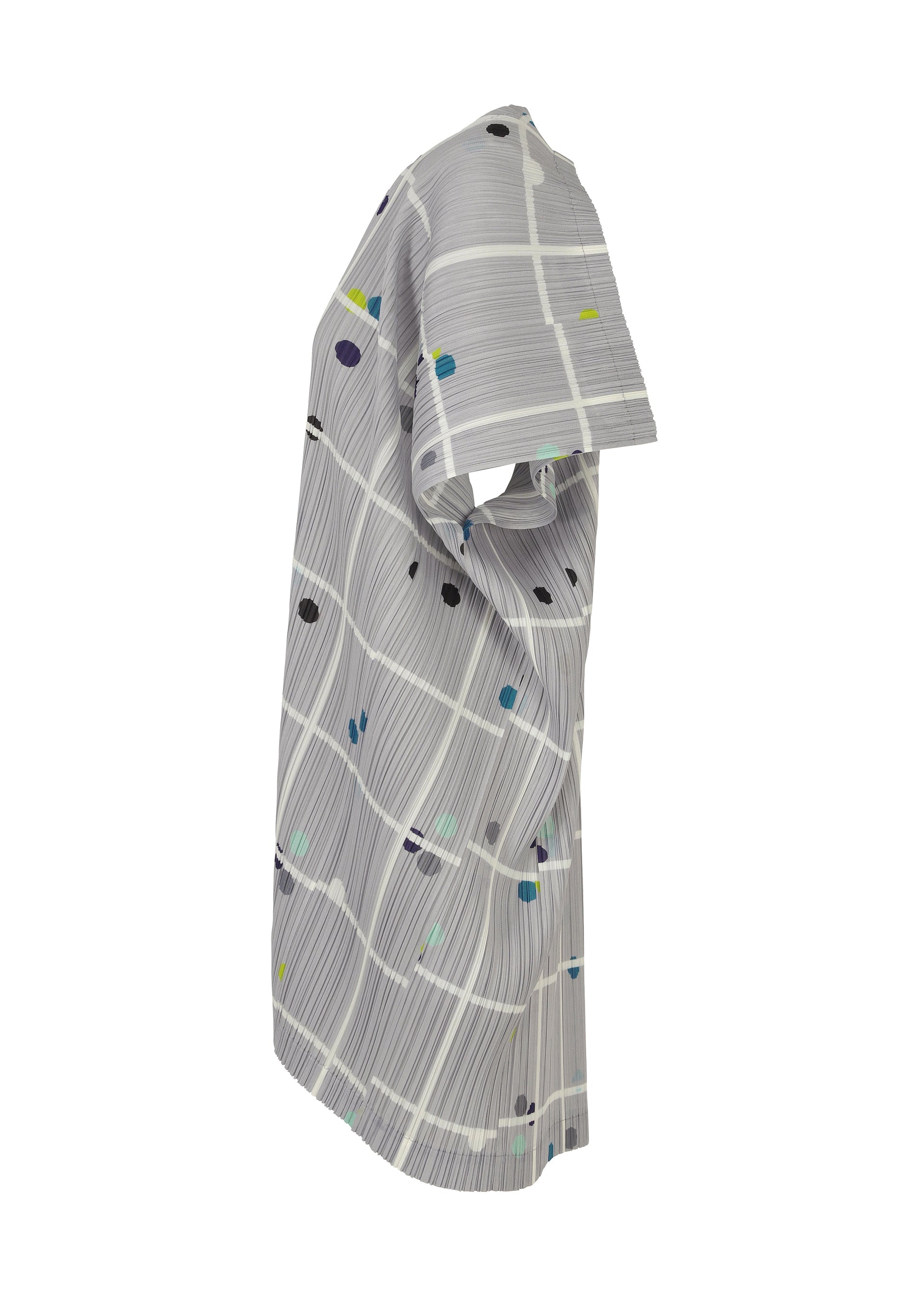 Zoomed view The CROSSING DOTS tunic by PLEATS PLEASE ISSEY MIYAKE is a gray, knee-length, short-sleeved piece with a round neck, featuring thin white plaid grid lines and colorful dots in black, blue, yellow, and green.