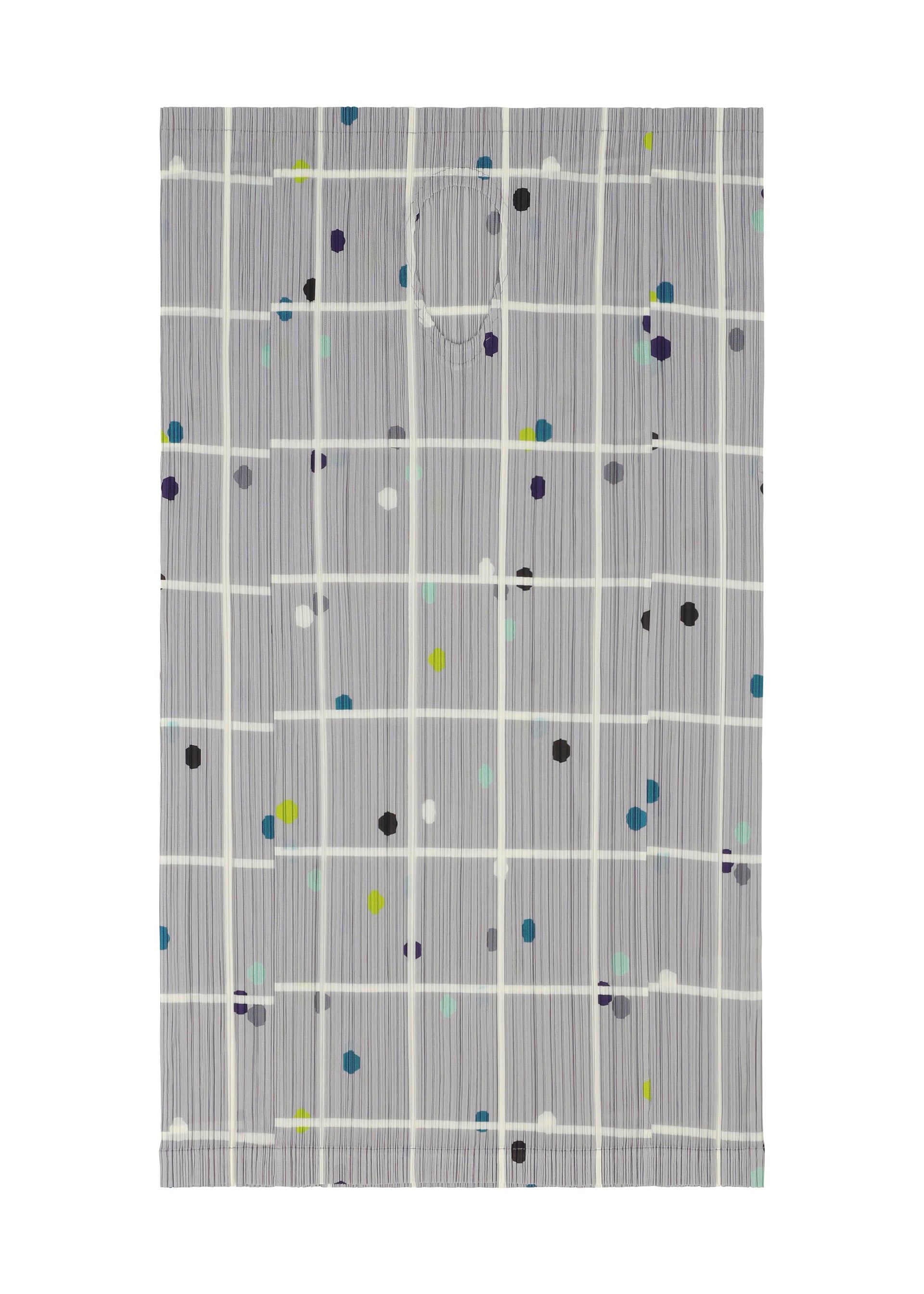 Zoomed view CROSSING DOTS by PLEATS PLEASE ISSEY MIYAKE is a gray plastic bag with plaid and colorful dots in green, blue, yellow, and purple over a white grid. It features a die-cut handle at the top center.