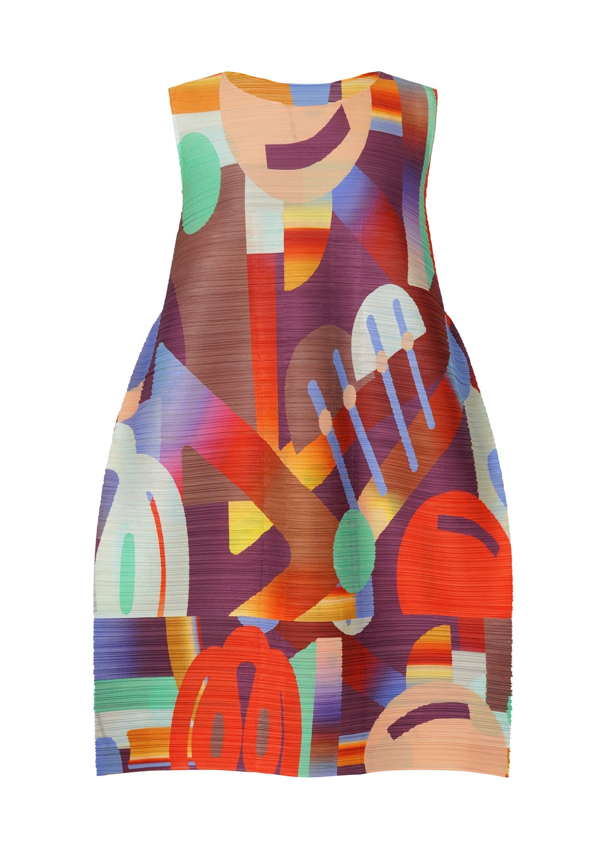 PLAYGROUND by PLEATS PLEASE ISSEY MIYAKE is a sleeveless, round-neck tunic with a textured fabric and bold geometric pattern in vibrant red, orange, purple, green, and blue. view 1 of 9