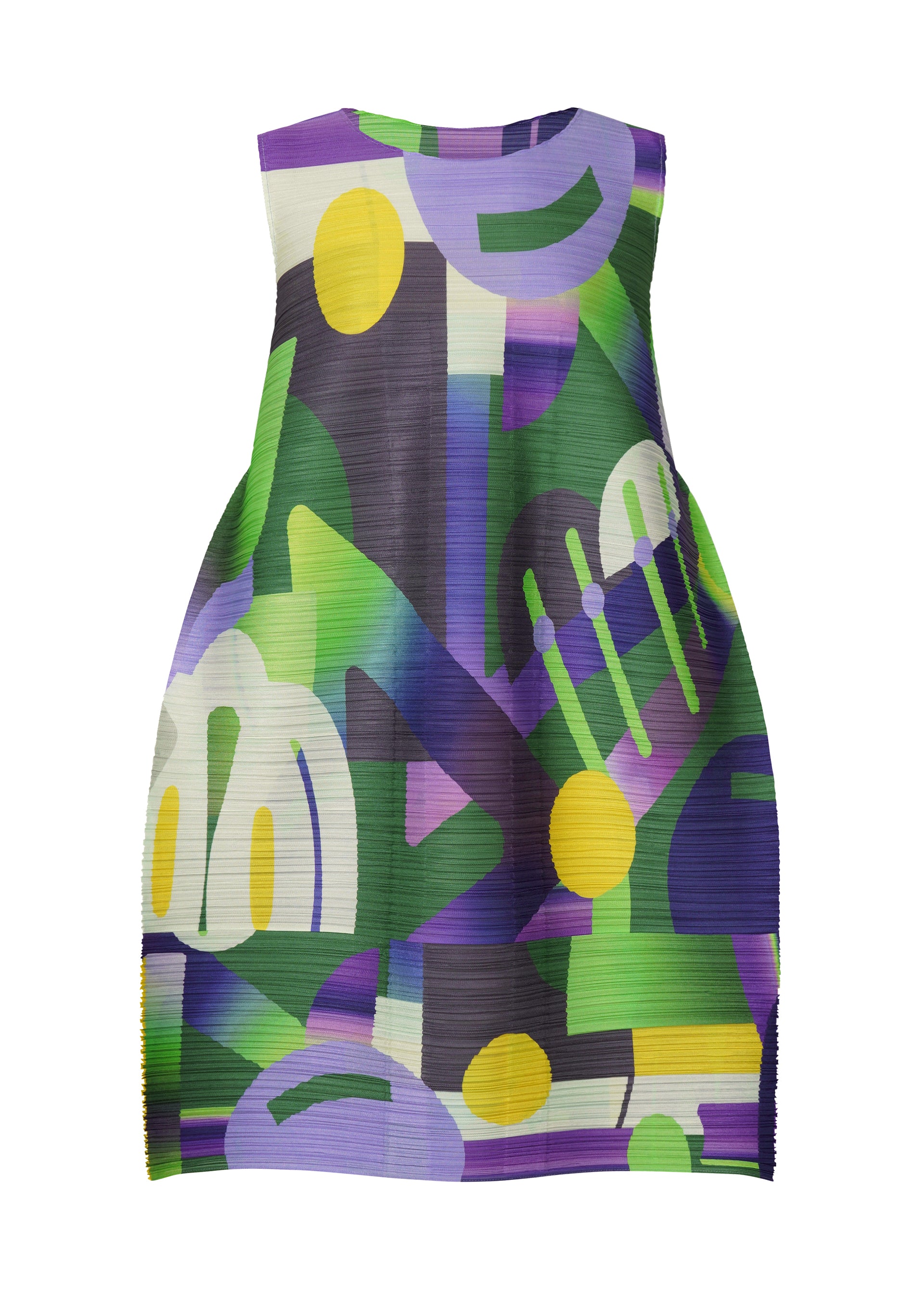 Zoomed view PLAYGROUND by PLEATS PLEASE ISSEY MIYAKE is a sleeveless tunic dress with a voluminous silhouette, round neck, and bold abstract geometric pattern in green, yellow, purple, black, and white on textured fabric. - PURPLE （no.81）