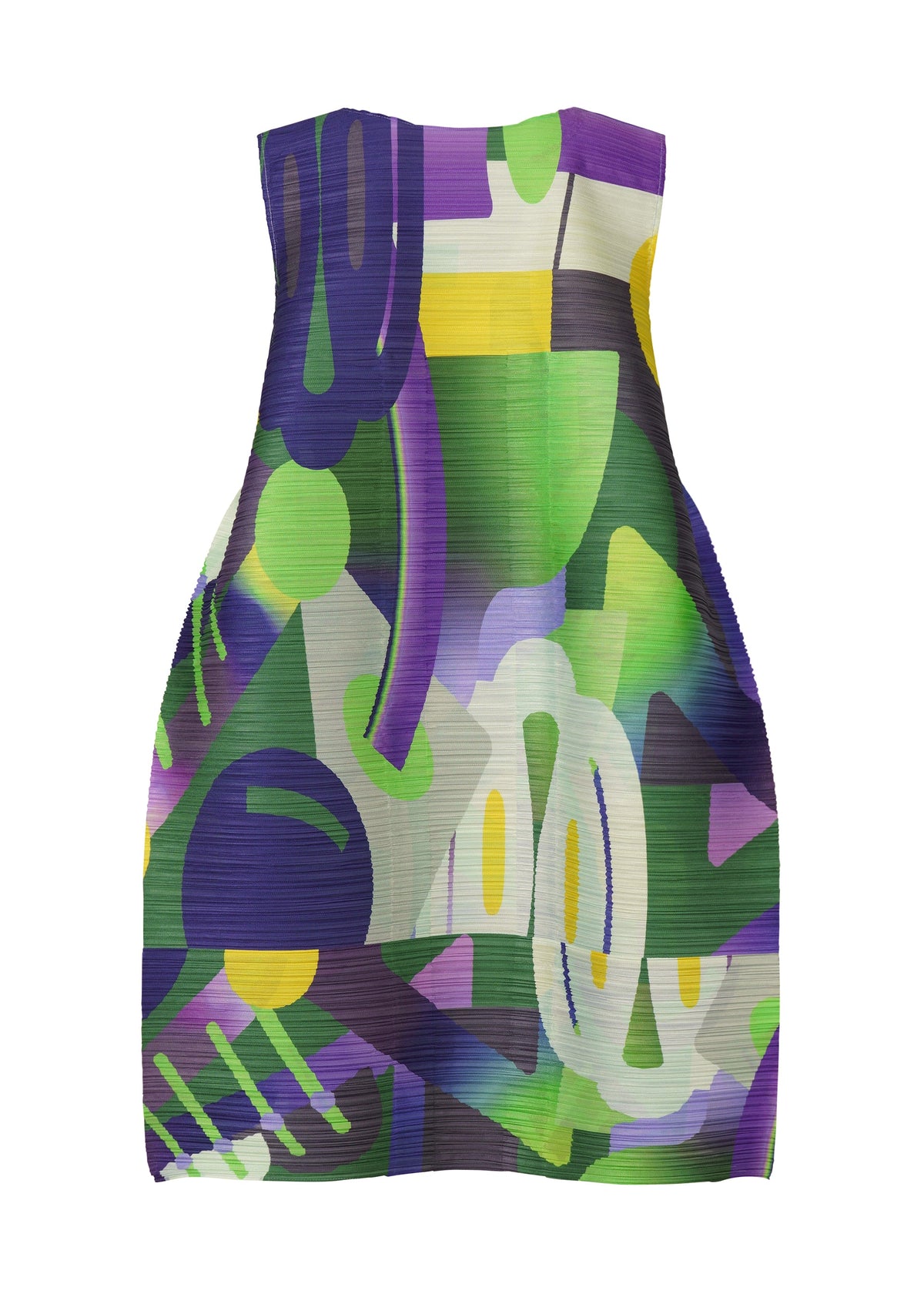 The PLAYGROUND dress by PLEATS PLEASE ISSEY MIYAKE is a sleeveless round-neck tunic showcasing bold abstract geometric shapes in purple, green, white, and yellow on textured fabric. view 3 of 9