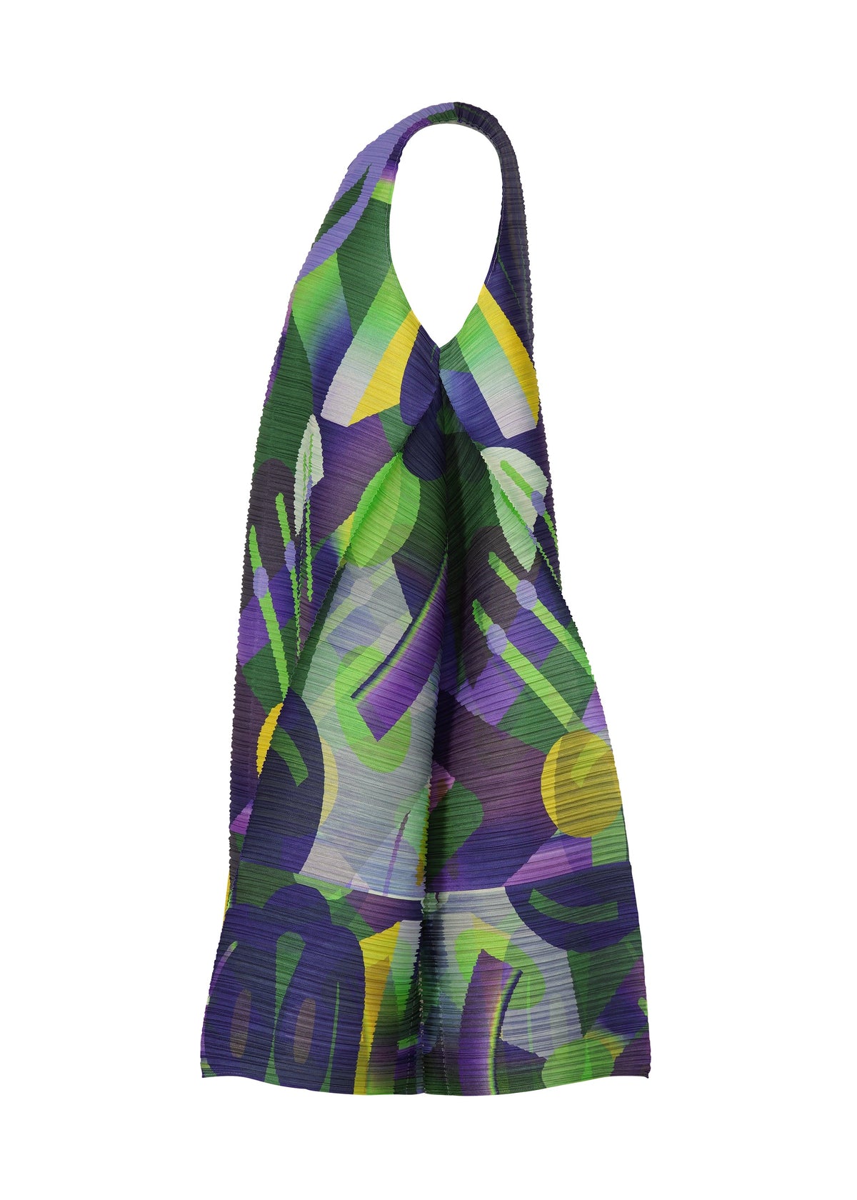 The PLAYGROUND tote by PLEATS PLEASE ISSEY MIYAKE features a vibrant geometric abstract pattern in green, purple, blue, and yellow, a single curved top handle, and a pleated textured surface. view 4 of 9