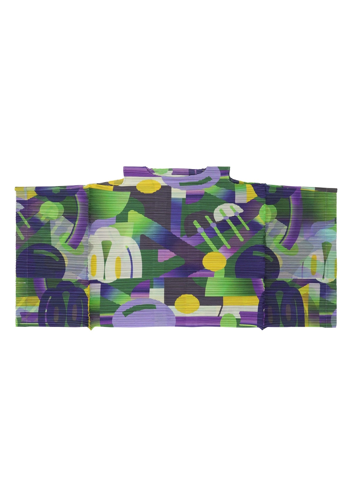 PLAYGROUND by PLEATS PLEASE ISSEY MIYAKE features abstract geometric patterns in green, purple, yellow, and blue tones, creating a vibrant and dynamic look inspired by modern sleeveless tunics. view 5 of 9