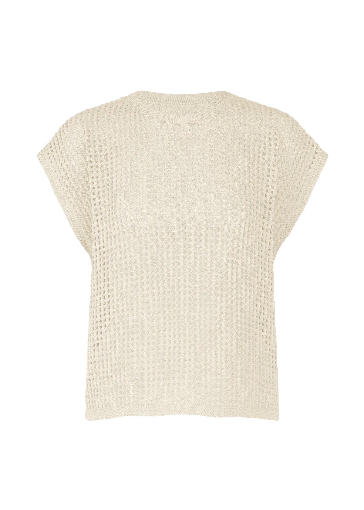 The FISHNET KNIT by PLEATS PLEASE ISSEY MIYAKE is a cream short-sleeved summer top with a loose, boxy fit and open-weave texture, made from recycled nylon for an eco-friendly style. view 1 of 8