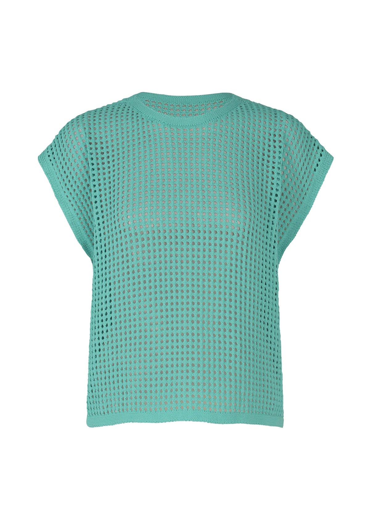 The FISHNET KNIT by PLEATS PLEASE ISSEY MIYAKE is a teal, short-sleeved crochet mesh top made from recycled nylon, featuring a crew neckline, loose boxy fit, and airy open-weave—ideal for summer. view 2 of 8