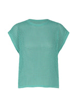 The FISHNET KNIT by PLEATS PLEASE ISSEY MIYAKE is a teal, short-sleeved crochet mesh top made from recycled nylon, featuring a crew neckline, loose boxy fit, and airy open-weave—ideal for summer. - TURQUOISE GREEN （no.66）