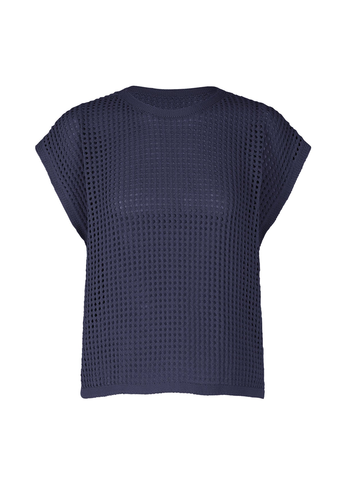 The FISHNET KNIT by PLEATS PLEASE ISSEY MIYAKE is a navy blue, loose-fit, short-sleeve top with a mesh grid texture. Made from recycled nylon, this lightweight summer knit is slightly sheer and ideal for layering. view 3 of 8
