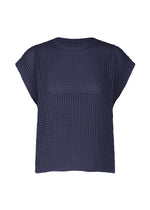 The FISHNET KNIT by PLEATS PLEASE ISSEY MIYAKE is a navy blue, loose-fit, short-sleeve top with a mesh grid texture. Made from recycled nylon, this lightweight summer knit is slightly sheer and ideal for layering. - NAVY （no.75）