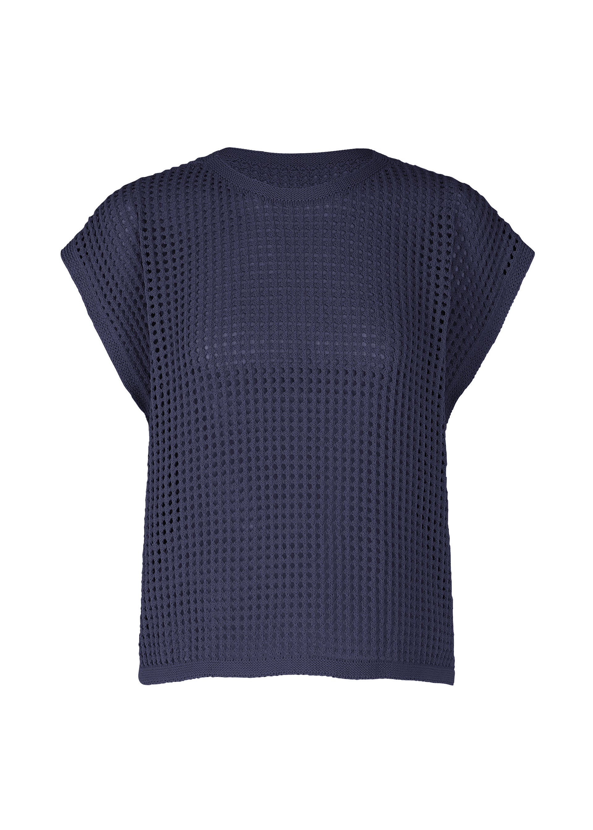 Zoomed view The FISHNET KNIT by PLEATS PLEASE ISSEY MIYAKE is a navy blue, loose-fit, short-sleeve top with a mesh grid texture. Made from recycled nylon, this lightweight summer knit is slightly sheer and ideal for layering. - NAVY （no.75）