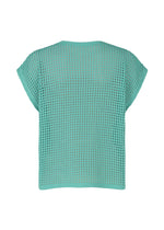 The FISHNET KNIT by PLEATS PLEASE ISSEY MIYAKE is a turquoise summer short-sleeve top with an open-knit, breathable mesh-like pattern and a loose fit, shown from the back.