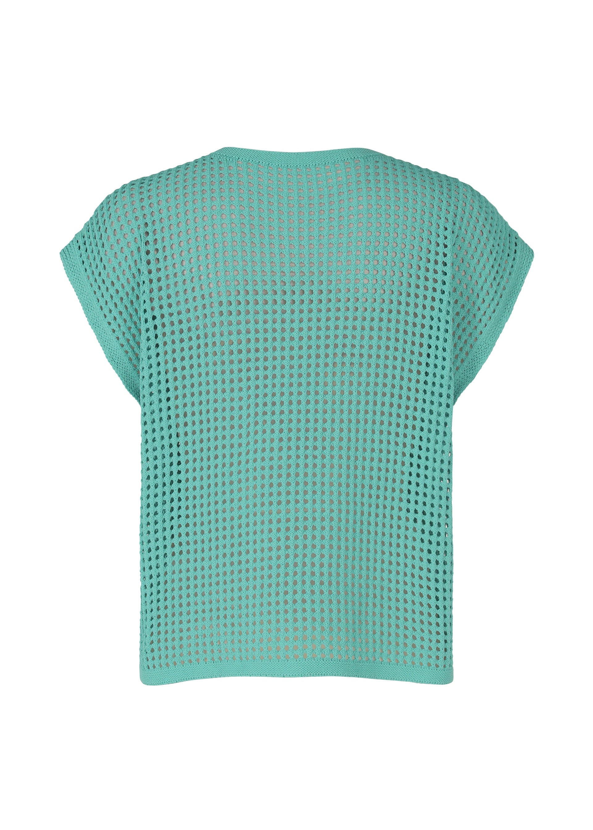 Zoomed view The FISHNET KNIT by PLEATS PLEASE ISSEY MIYAKE is a turquoise summer short-sleeve top with an open-knit, breathable mesh-like pattern and a loose fit, shown from the back.