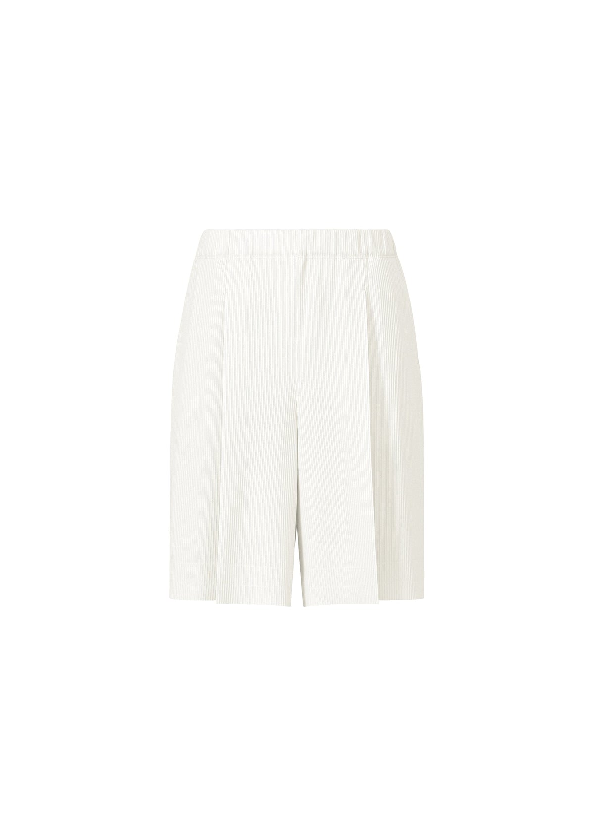 A-POC BOTTOMS by PLEATS PLEASE ISSEY MIYAKE: white high-waisted shorts with subtle vertical pleats, front pleats, and an elastic waistband inspired by A-POC structure, shown against a plain white background. view 1 of 8