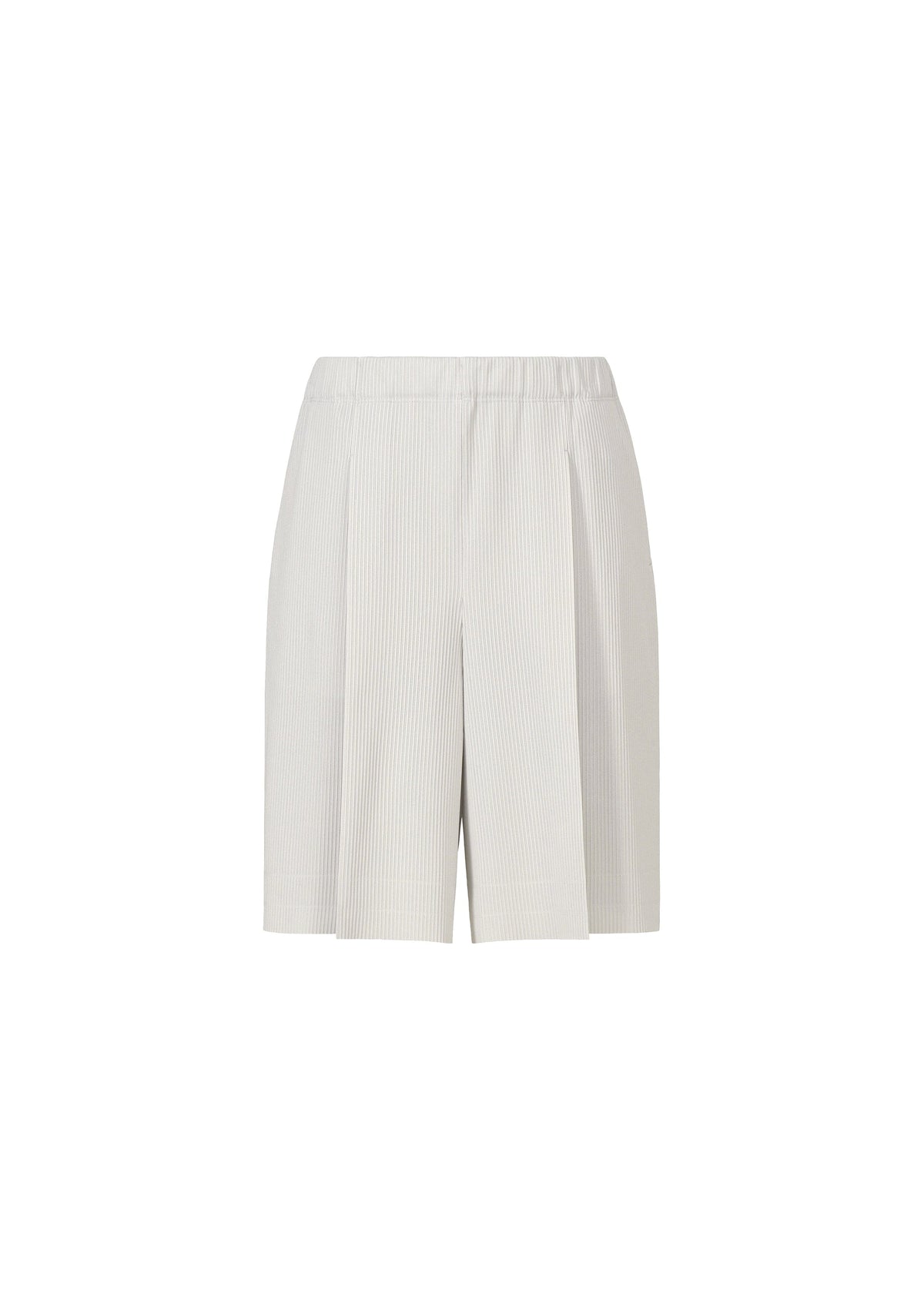 The PLEATS PLEASE ISSEY MIYAKE A-POC BOTTOMS are white high-waisted shorts with front pleats and an elastic waistband. Featuring an A-POC structure, their tailored loose fit reaches mid-thigh and is shown on a plain white background. view 2 of 8