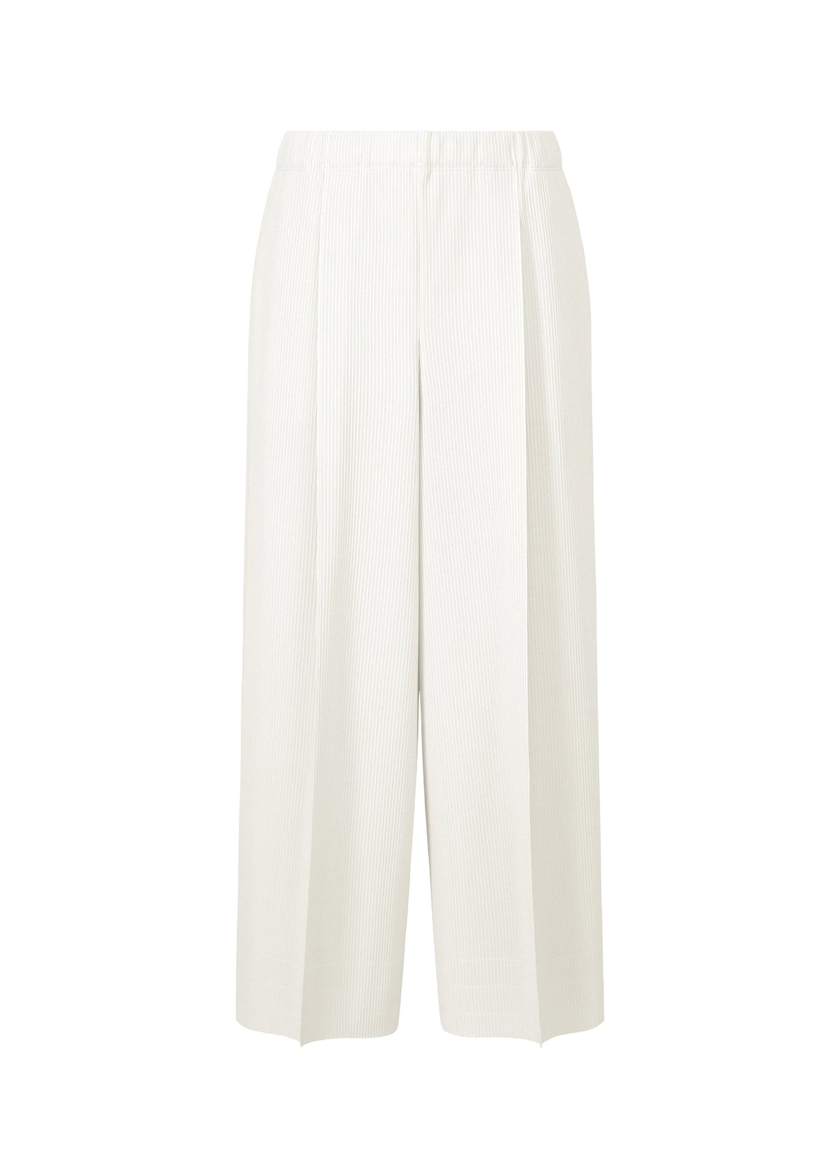 A-POC BOTTOMS by PLEATS PLEASE ISSEY MIYAKE: White wide-leg trousers with an elastic waistband, subtle vertical stripes, and soft front pleats. Relaxed cropped fit and defined pleat lines give a minimalist, textured finish. view 1 of 8