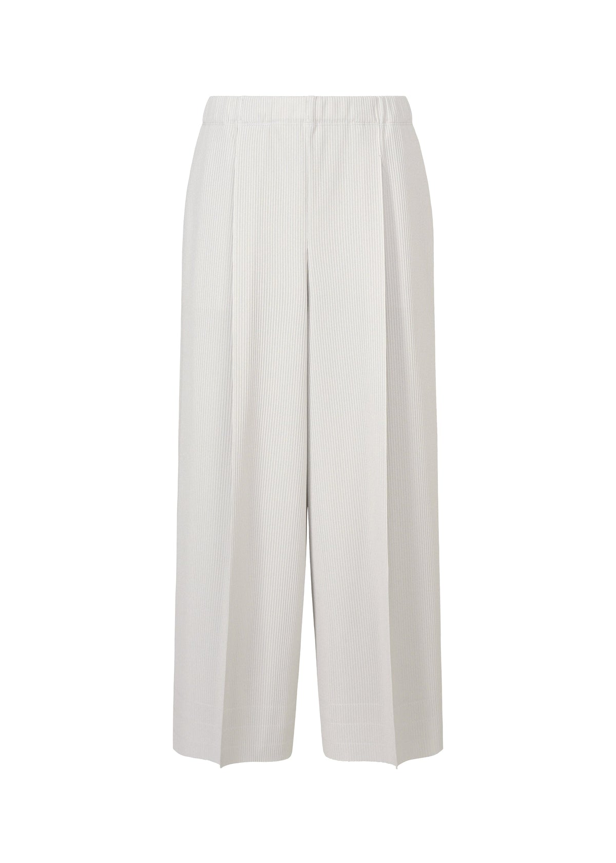 A-POC BOTTOMS by PLEATS PLEASE ISSEY MIYAKE: Wide-leg, high-waisted white pants with pleat lines, subtle vertical pinstripes, elastic waistband, and side tucks displayed against a plain white background. view 2 of 8