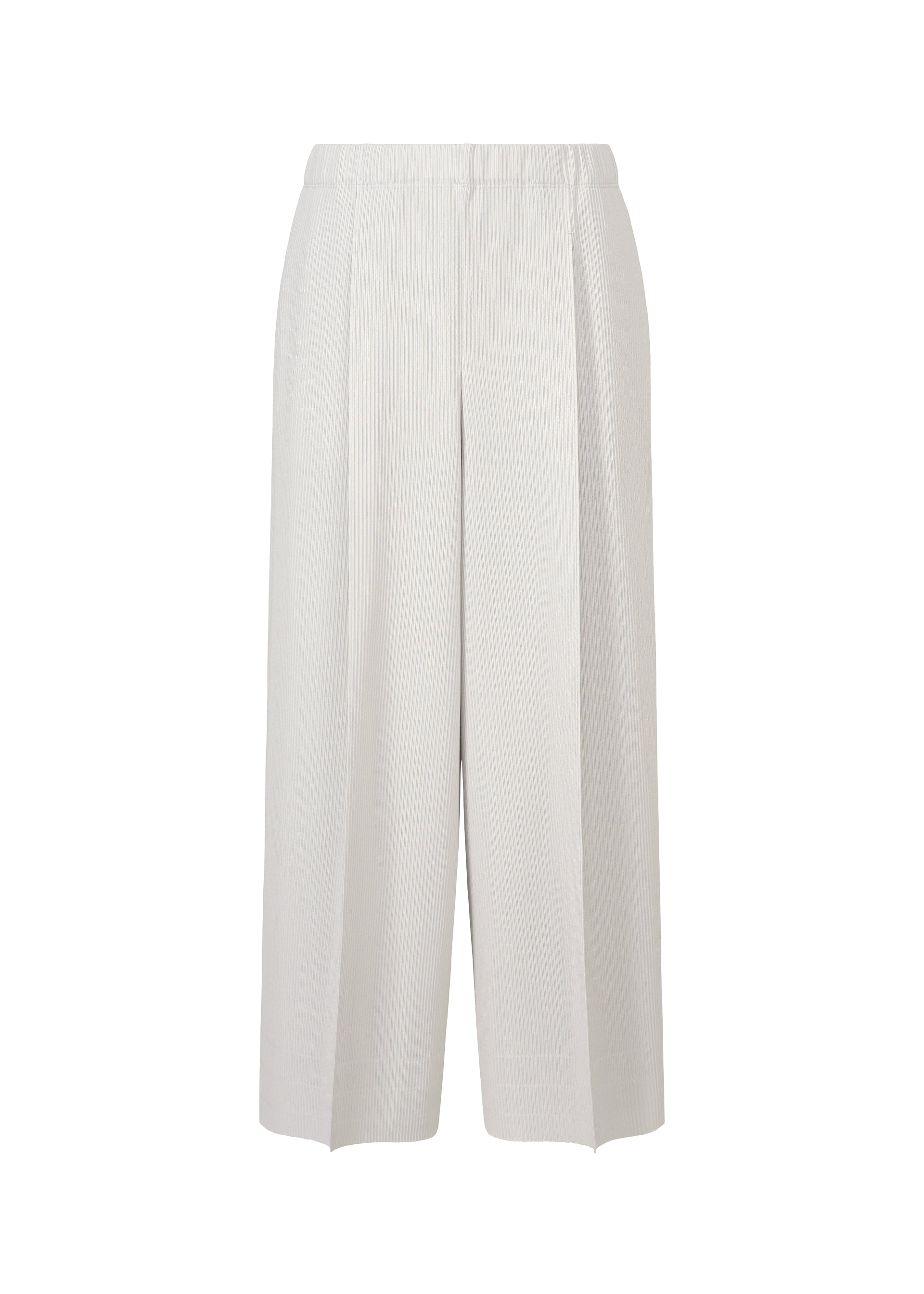 Zoomed view A-POC BOTTOMS by PLEATS PLEASE ISSEY MIYAKE: Wide-leg, high-waisted white pants with pleat lines, subtle vertical pinstripes, elastic waistband, and side tucks displayed against a plain white background. - COOL GRAY （no.11）