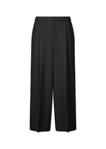 The A-POC BOTTOMS from PLEATS PLEASE ISSEY MIYAKE are black wide-leg trousers with subtle vertical pinstripes, pleat lines, and an elastic waistband, shown against a plain white background. - BLACK （no.15）