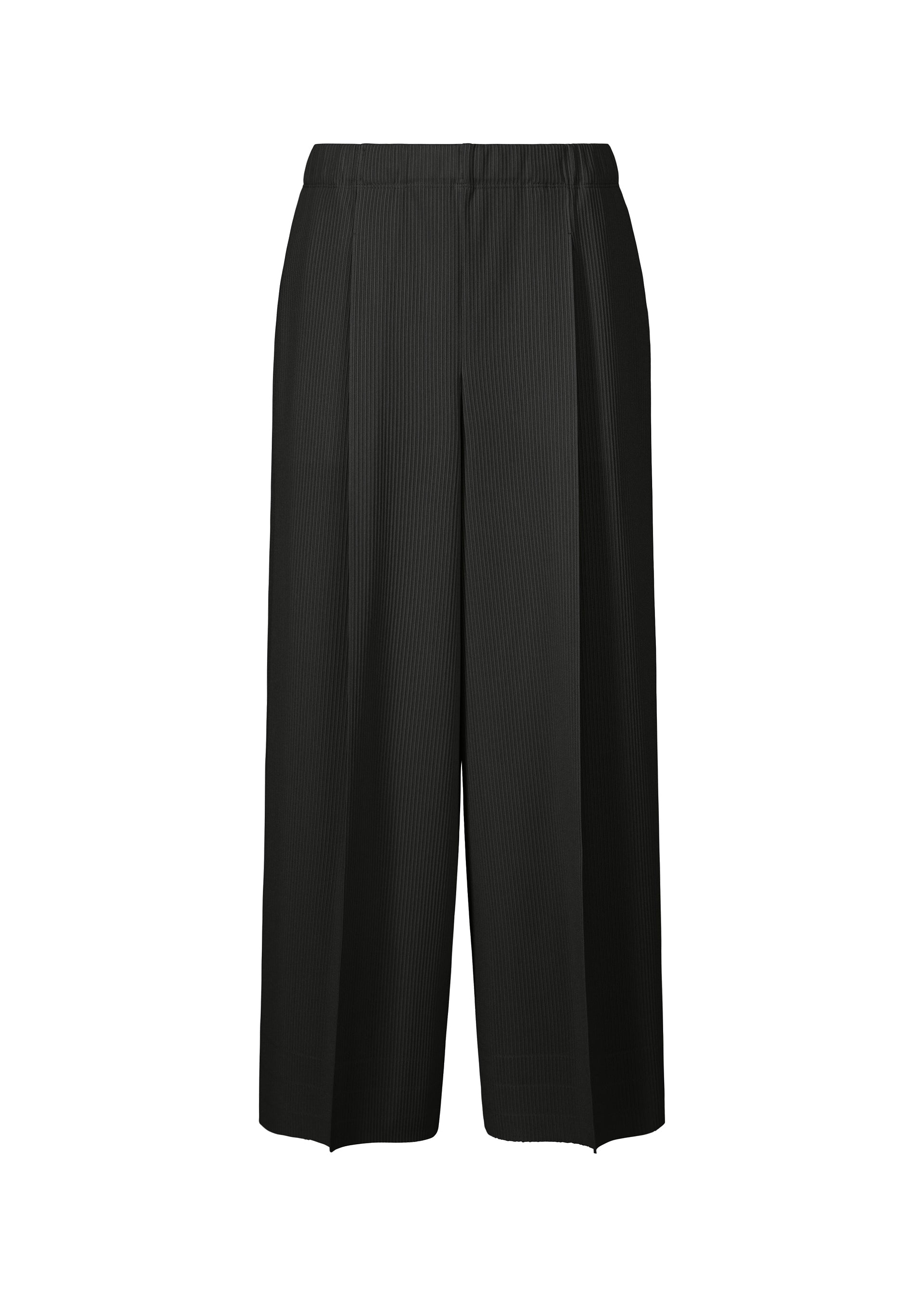 Zoomed view The A-POC BOTTOMS from PLEATS PLEASE ISSEY MIYAKE are black wide-leg trousers with subtle vertical pinstripes, pleat lines, and an elastic waistband, shown against a plain white background. - BLACK （no.15）