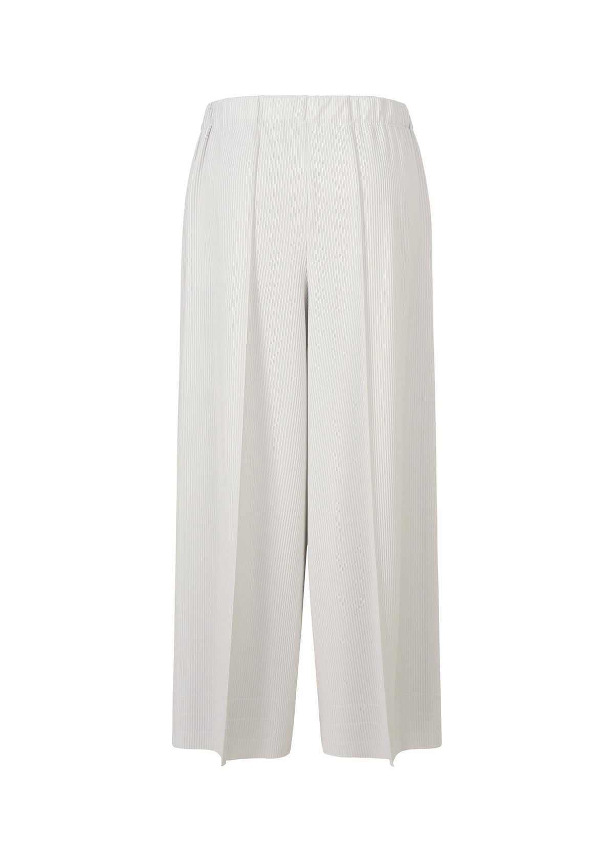 A-POC BOTTOMS by PLEATS PLEASE ISSEY MIYAKE: wide-leg, high-waisted light gray or off-white pants with elegant pleats and an elastic waistband, shown on a plain white background. view 4 of 8