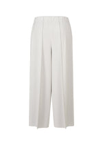 A-POC BOTTOMS by PLEATS PLEASE ISSEY MIYAKE: wide-leg, high-waisted light gray or off-white pants with elegant pleats and an elastic waistband, shown on a plain white background.