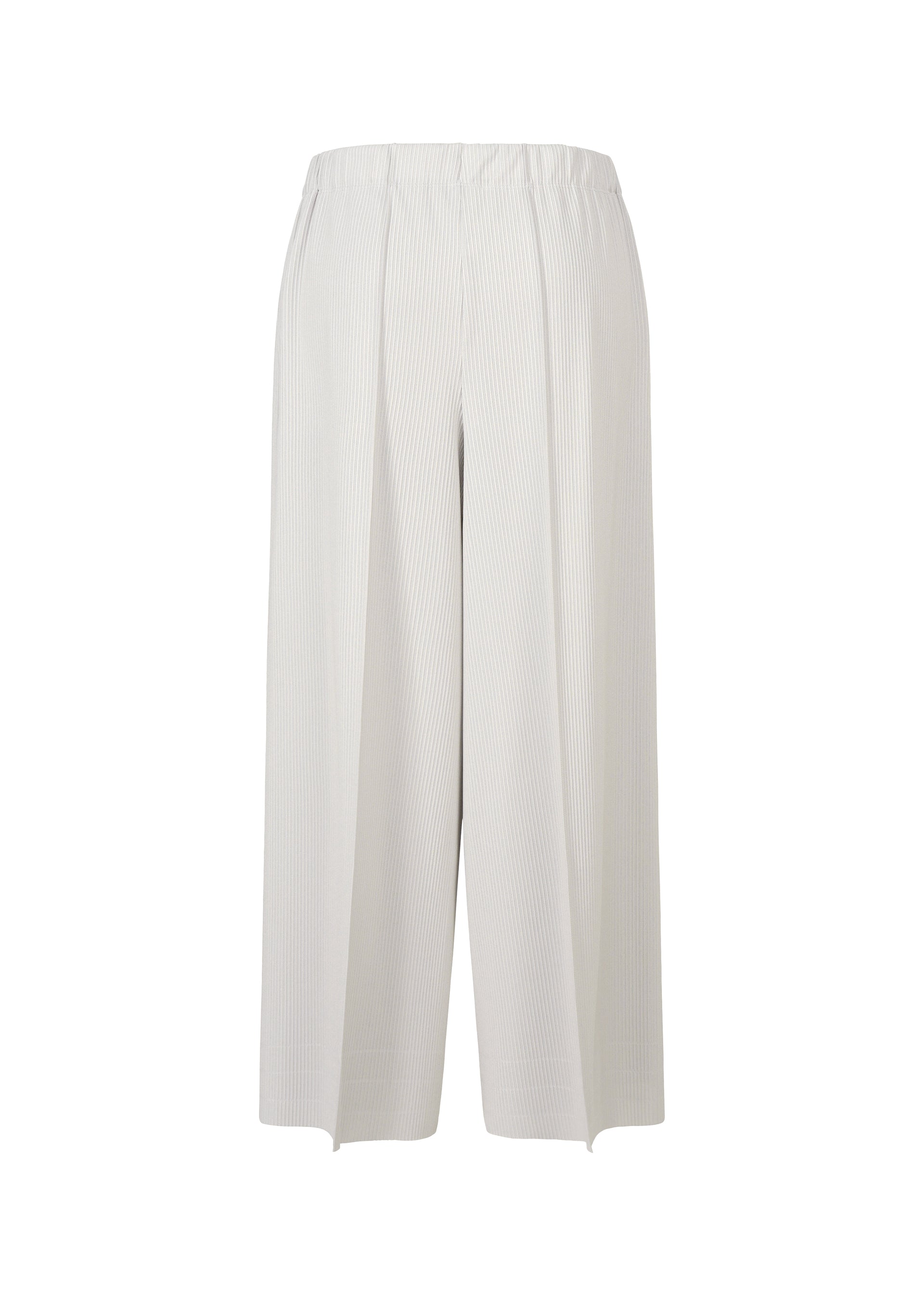Zoomed view A-POC BOTTOMS by PLEATS PLEASE ISSEY MIYAKE: wide-leg, high-waisted light gray or off-white pants with elegant pleats and an elastic waistband, shown on a plain white background.