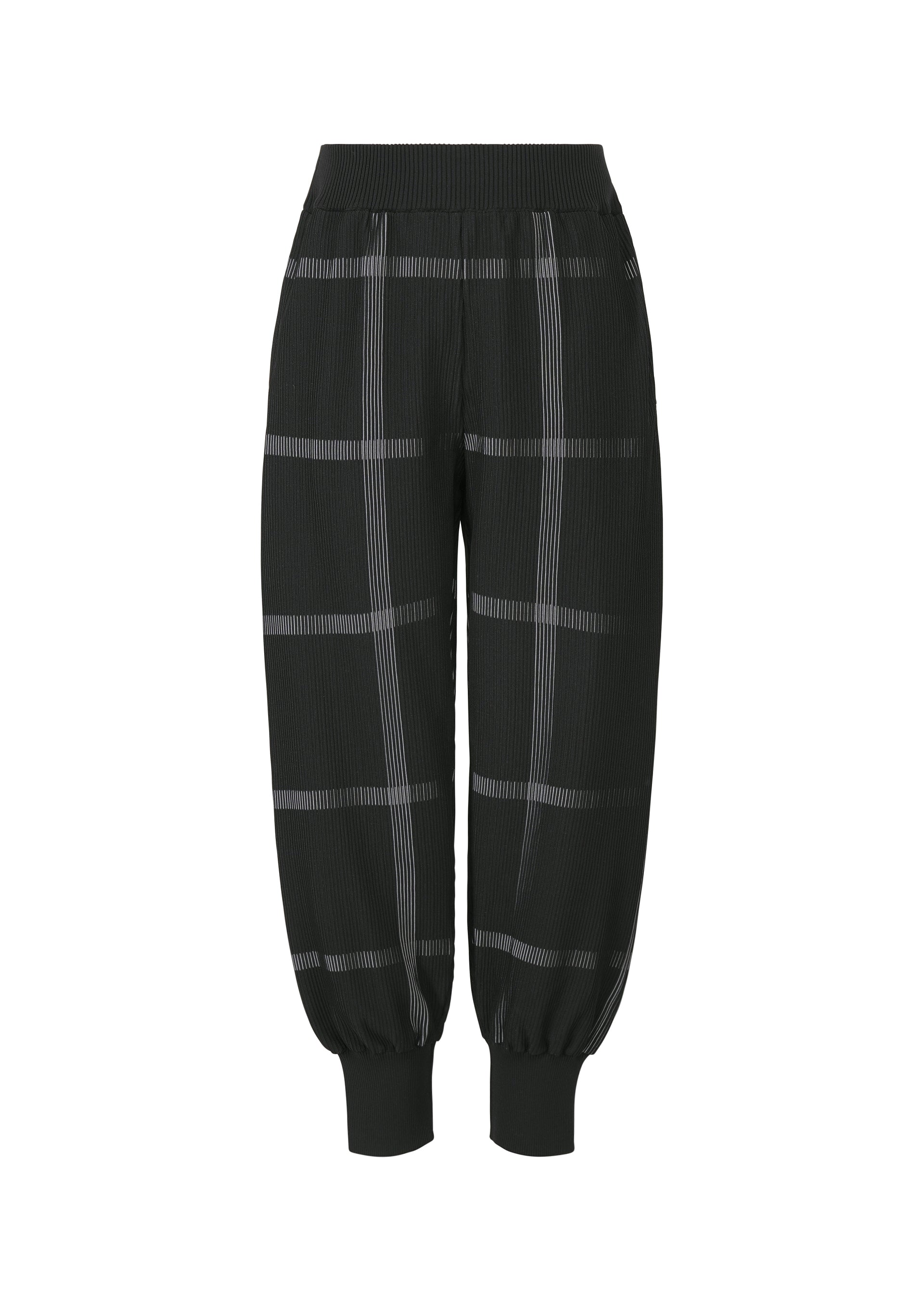 Zoomed view The CROSSING KNIT jogger pants by PLEATS PLEASE ISSEY MIYAKE feature a black, high-waisted ribbed design with a loose fit, white plaid pattern, and wide elastic cuffs, crafted from soft knit fabric and shown on a white background. - BLACK （no.15）