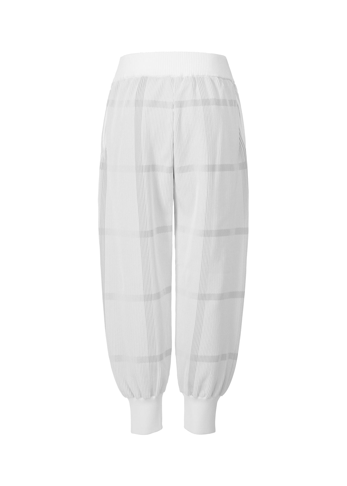 The CROSSING KNIT pants by PLEATS PLEASE ISSEY MIYAKE are white, high-waisted, with a subtle plaid pattern, crafted from soft knit fabric and finished with an elastic ribbed waistband and ribbed ankle cuffs. Displayed on a white background. view 2 of 7
