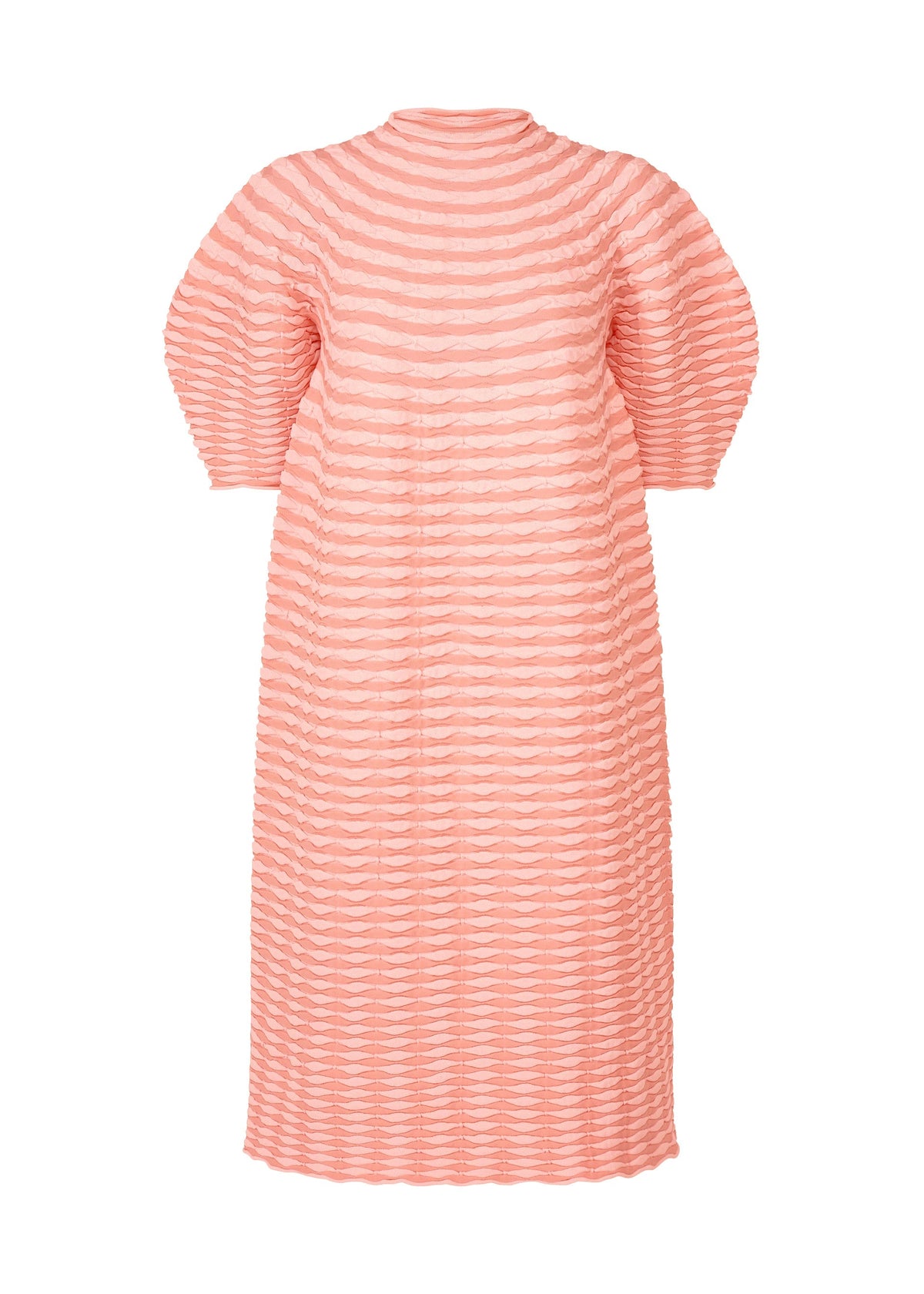 The COLORFUL MUSHROOM KNIT by PLEATS PLEASE ISSEY MIYAKE is a pink, knee-length mock-neck dress with short puff sleeves, a high neckline, and textured horizontal stripes; it's machine washable for easy care. view 1 of 8