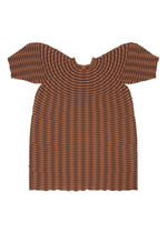 The COLORFUL MUSHROOM KNIT by PLEATS PLEASE ISSEY MIYAKE is a brown, short-sleeved mock-neck dress featuring black horizontal stripes and ribbed, textured fabric, shown flat on a white background.