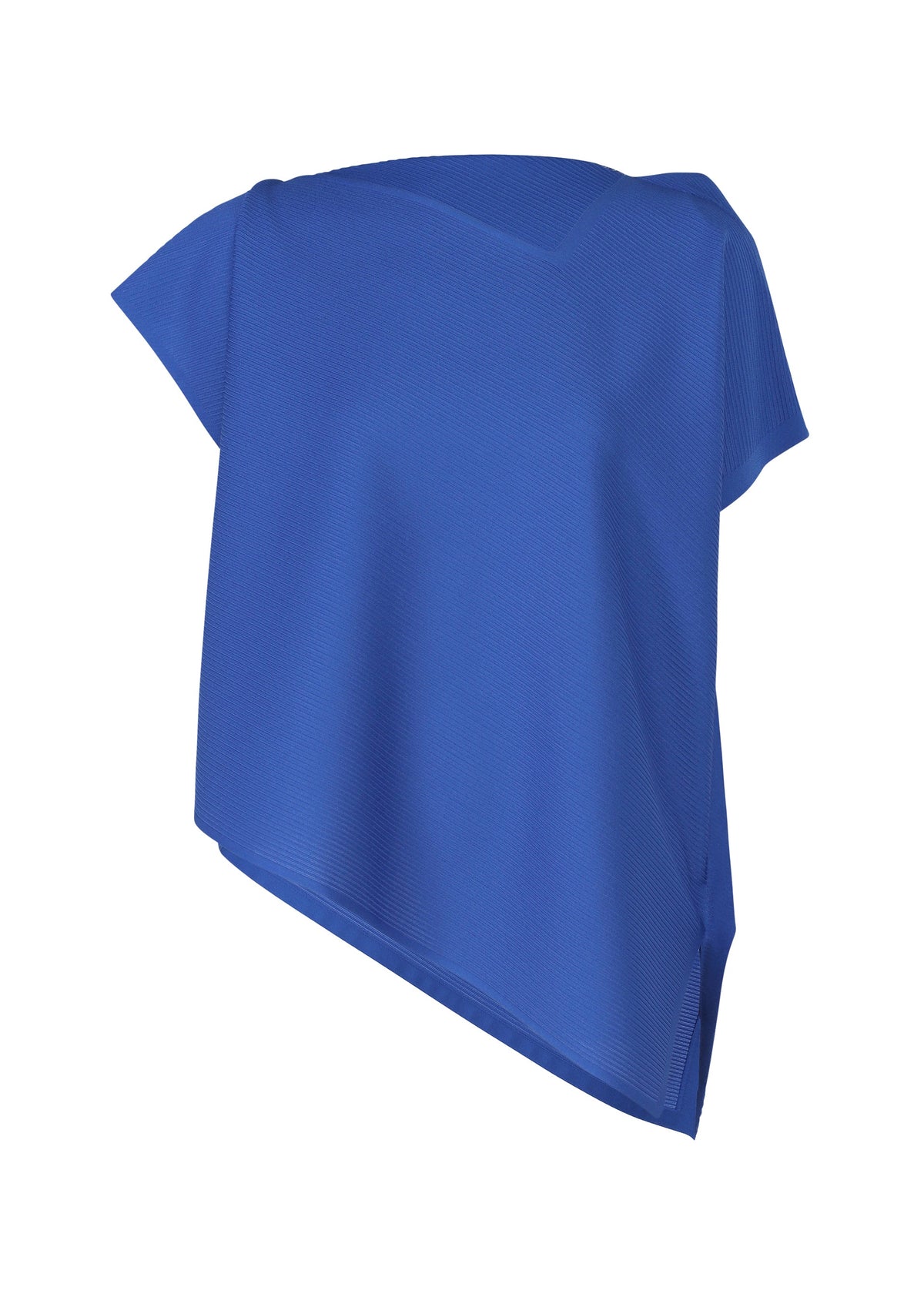 The PLEATS PLEASE ISSEY MIYAKE A-POC SEA GLASS top is blue, short-sleeved, with a loose fit and asymmetrical diagonal hem, inspired by sea glass, shown on a white background. view 3 of 8