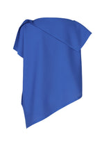 A cobalt blue A-POC SEA GLASS top by PLEATS PLEASE ISSEY MIYAKE, featuring an asymmetrical one-shoulder draped design and textured fabric with unique shapes, is displayed against a plain white background.