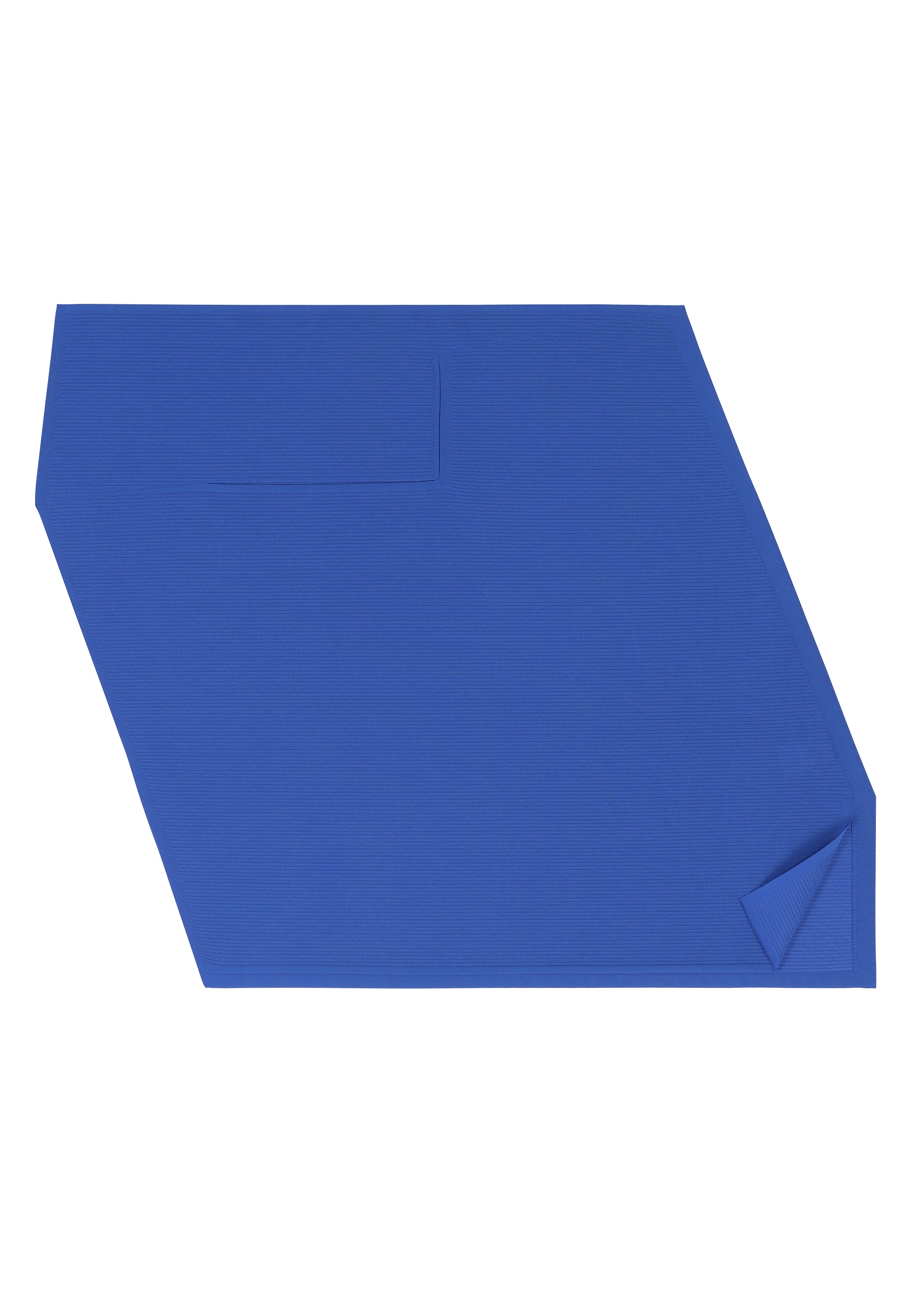 Zoomed view A-POC SEA GLASS by PLEATS PLEASE ISSEY MIYAKE is a blue placemat with sea glass-inspired irregular shapes, a small folded corner, and a rectangular stitched detail, shown on a white background.
