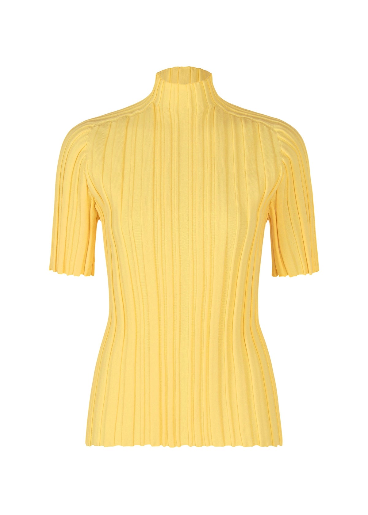 The RIB KNIT by PLEATS PLEASE ISSEY MIYAKE is a yellow short-sleeved knit top with thick vertical pleats and a mock turtleneck for a fitted, textured look. view 2 of 7