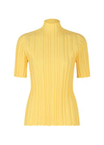 The RIB KNIT by PLEATS PLEASE ISSEY MIYAKE is a yellow short-sleeved knit top with thick vertical pleats and a mock turtleneck for a fitted, textured look. - CREAM YELLOW （no.50）