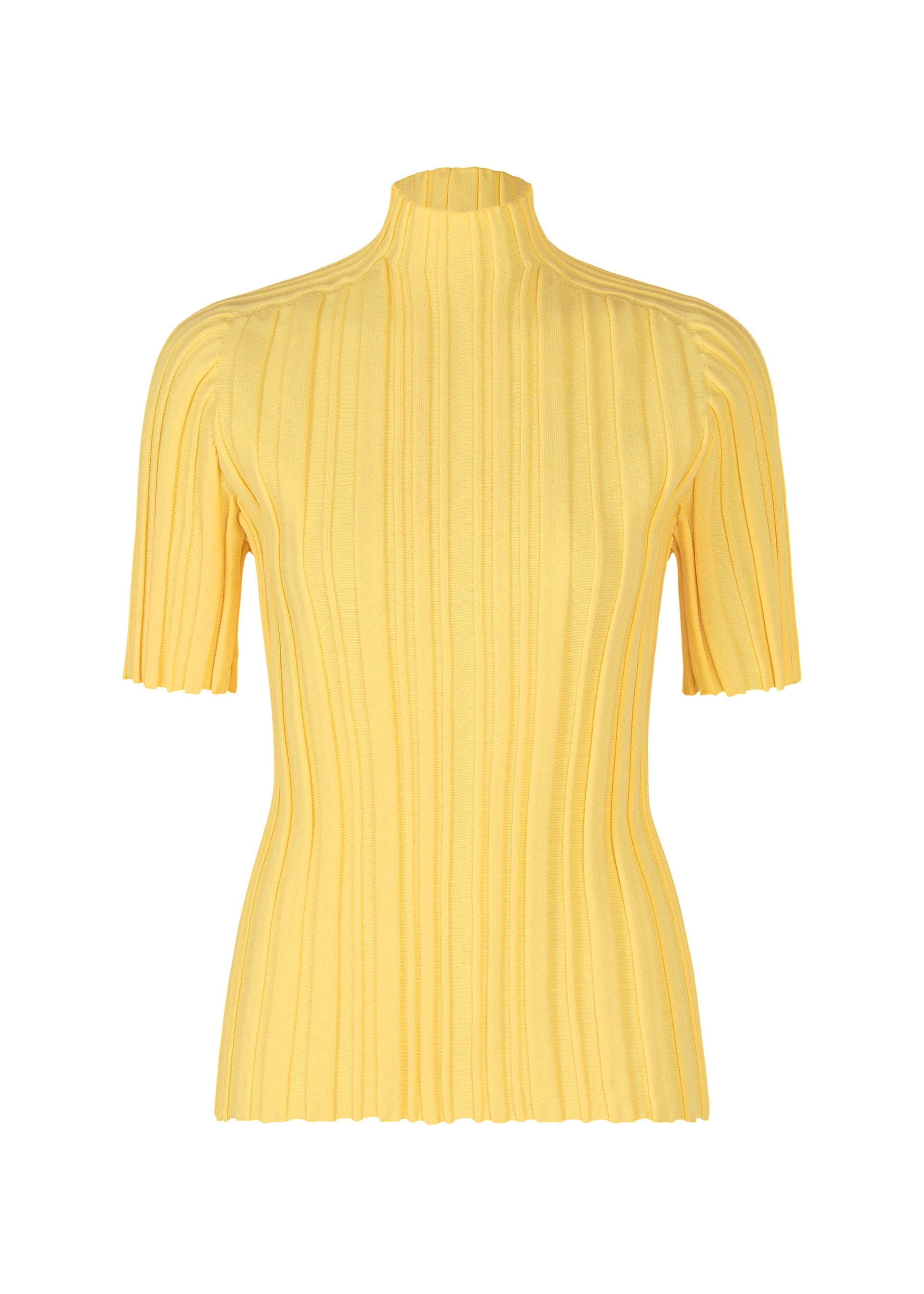Zoomed view The RIB KNIT by PLEATS PLEASE ISSEY MIYAKE is a yellow short-sleeved knit top with thick vertical pleats and a mock turtleneck for a fitted, textured look. - CREAM YELLOW （no.50）
