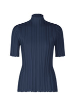 The RIB KNIT by PLEATS PLEASE ISSEY MIYAKE is a fitted, short-sleeved navy top featuring a mock turtleneck and thick pleats for a modern, textured style. - NAVY （no.75）