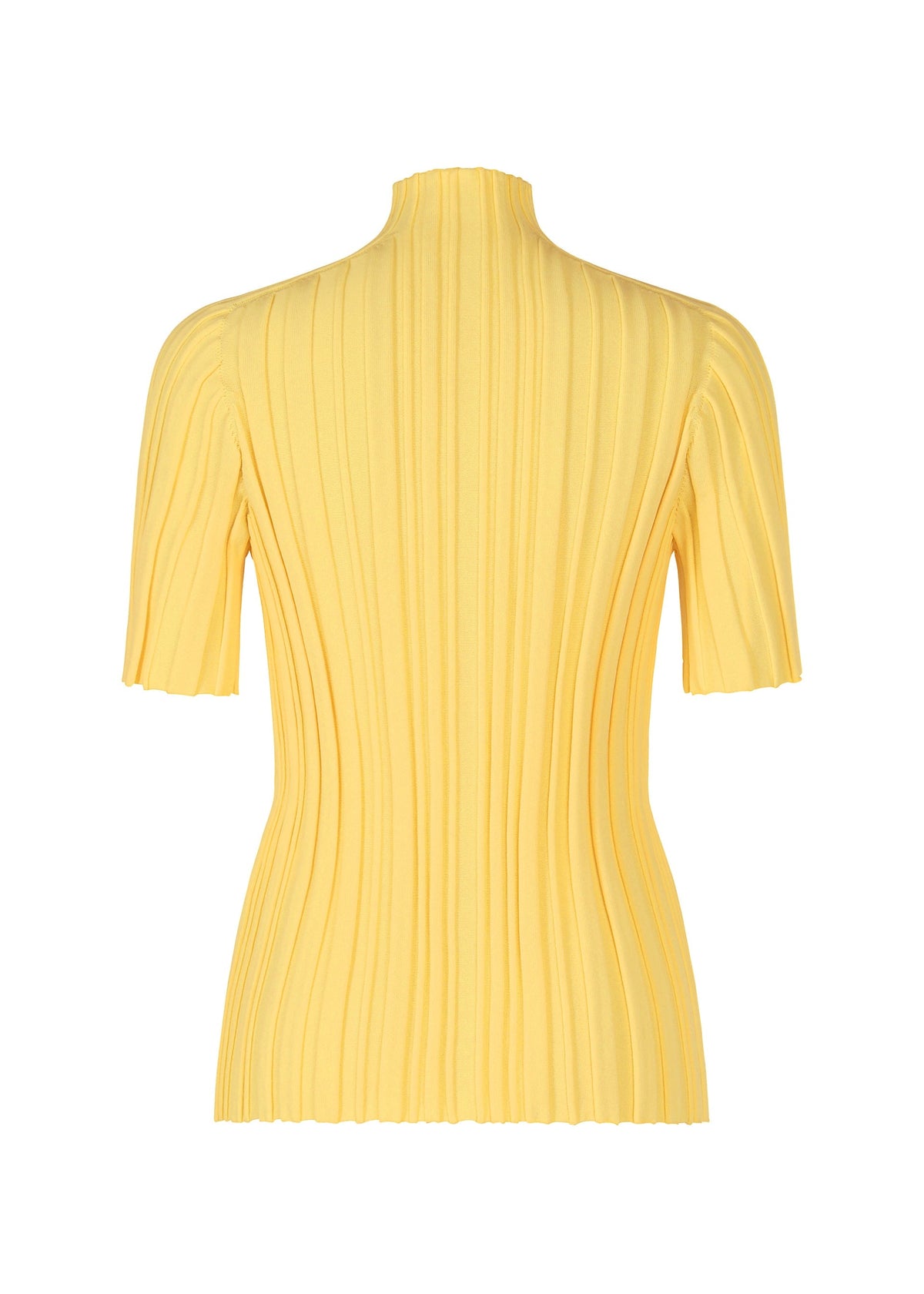 A back view of the RIB KNIT short-sleeved yellow top by PLEATS PLEASE ISSEY MIYAKE, featuring a high neck, ribbed texture, and thick pleat lines, shown against a white background. view 4 of 7