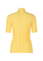 A back view of the RIB KNIT short-sleeved yellow top by PLEATS PLEASE ISSEY MIYAKE, featuring a high neck, ribbed texture, and thick pleat lines, shown against a white background.