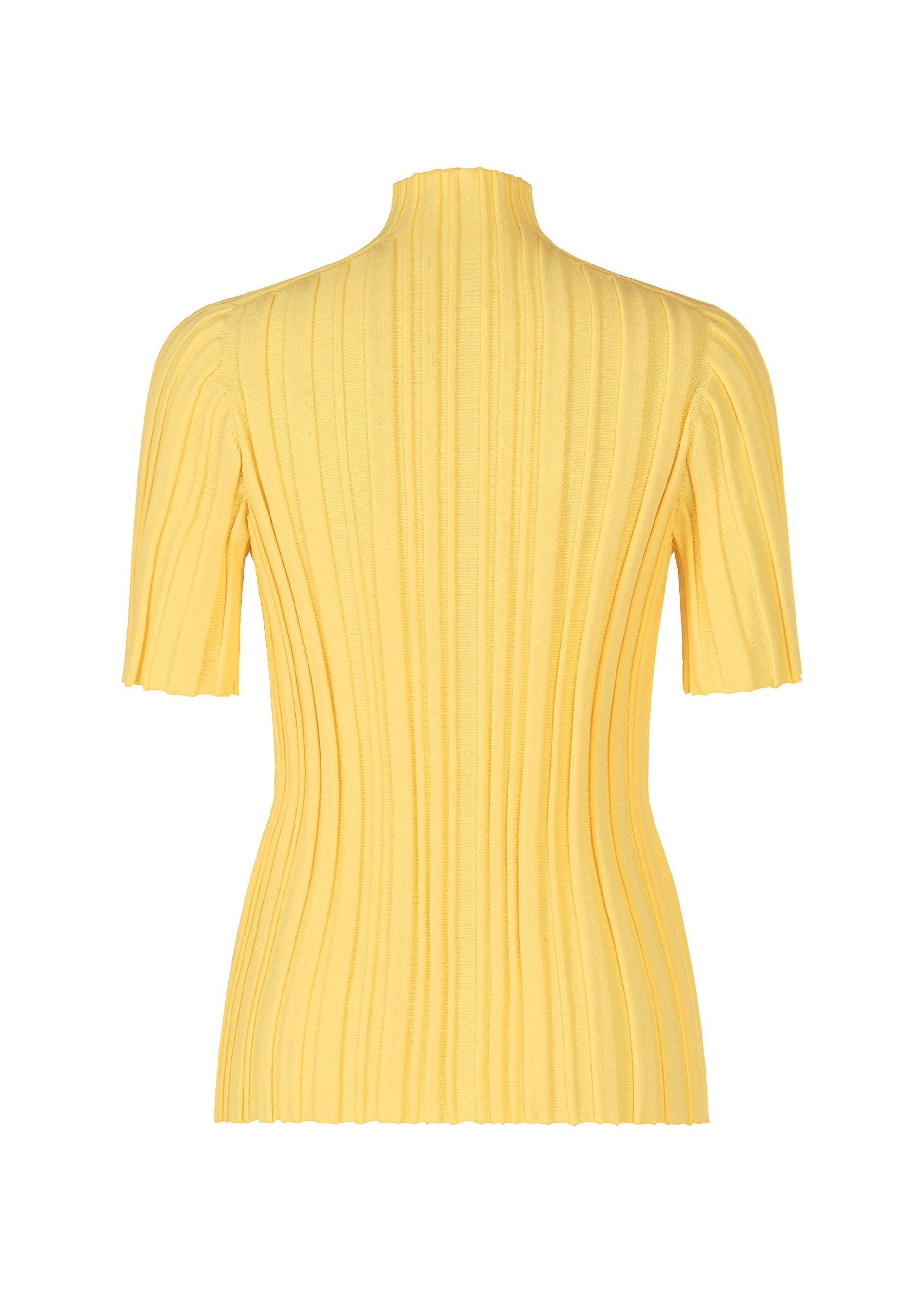 Zoomed view A back view of the RIB KNIT short-sleeved yellow top by PLEATS PLEASE ISSEY MIYAKE, featuring a high neck, ribbed texture, and thick pleat lines, shown against a white background.