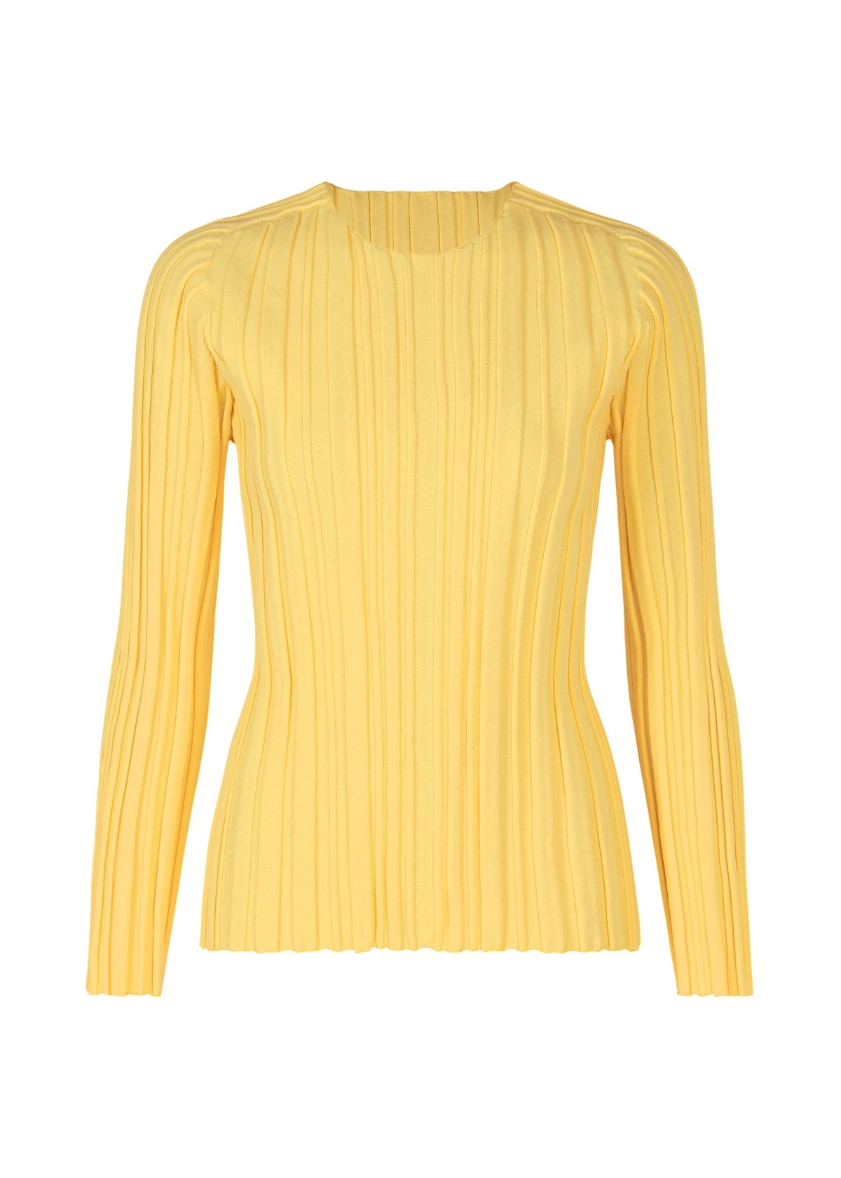 The PLEATS PLEASE ISSEY MIYAKE RIB KNIT is a yellow long-sleeved sweater with a ribbed texture and classic crew neckline, shown on a white background. view 2 of 7