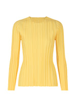 The PLEATS PLEASE ISSEY MIYAKE RIB KNIT is a yellow long-sleeved sweater with a ribbed texture and classic crew neckline, shown on a white background. - CREAM YELLOW （no.50）