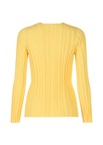 The RIB KNIT sweater by PLEATS PLEASE ISSEY MIYAKE is shown from the back on a white background. This yellow long-sleeved knit features vertical textured lines for a fitted look.