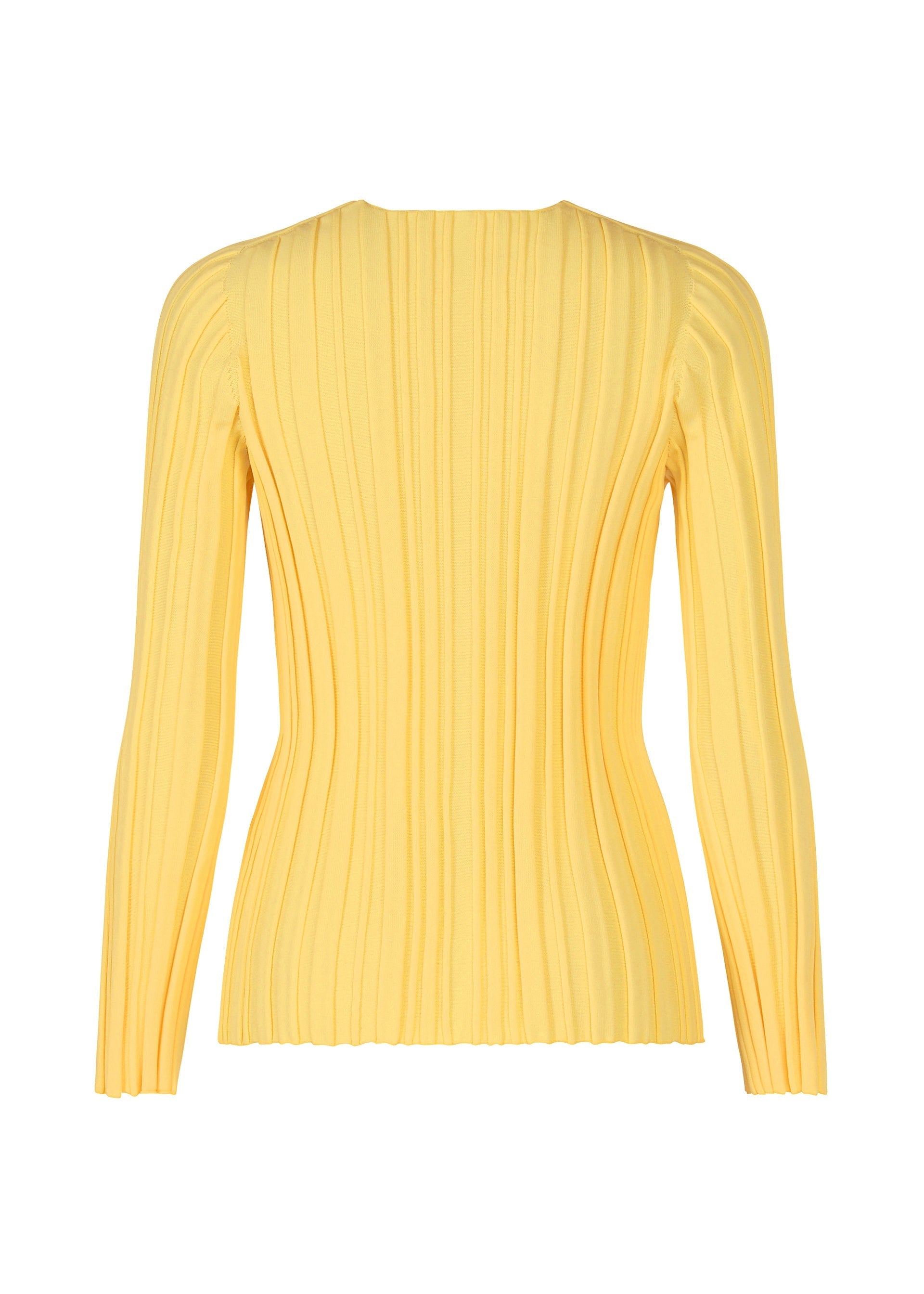Zoomed view The RIB KNIT sweater by PLEATS PLEASE ISSEY MIYAKE is shown from the back on a white background. This yellow long-sleeved knit features vertical textured lines for a fitted look.