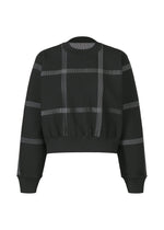 The CROSSING KNIT by PLEATS PLEASE ISSEY MIYAKE is a black, round-neck, long-sleeve cropped sweater with a subtle gray plaid knit and ribbed cuffs, hem, and collar—perfect for a chic, city-inspired everyday look. - BLACK （no.15）