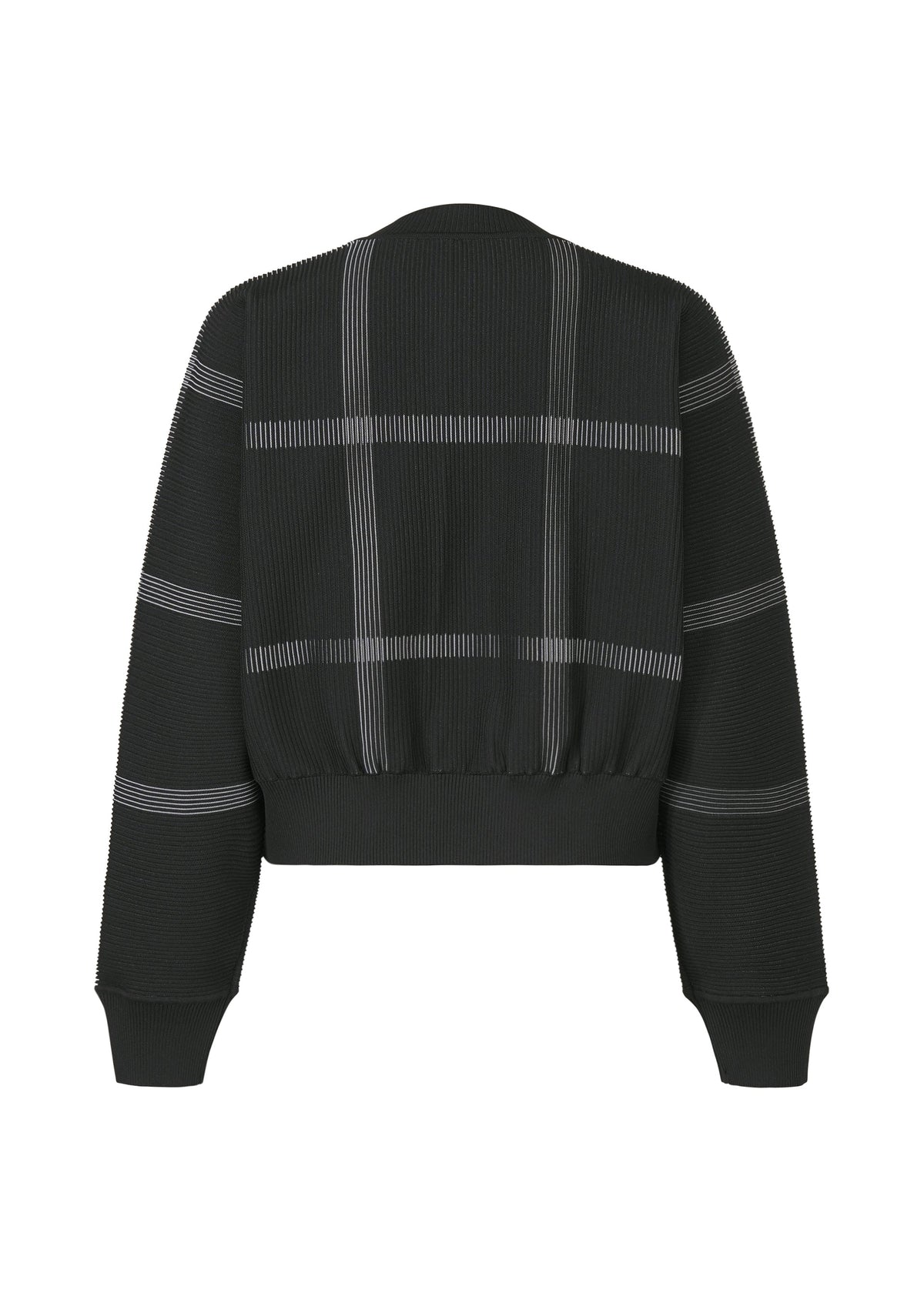 Back view of the CROSSING KNIT by PLEATS PLEASE ISSEY MIYAKE, a black, round-neck long-sleeve ribbed jacket with a grid plaid knit design, fitted waistband, and cuffed sleeves. view 3 of 6