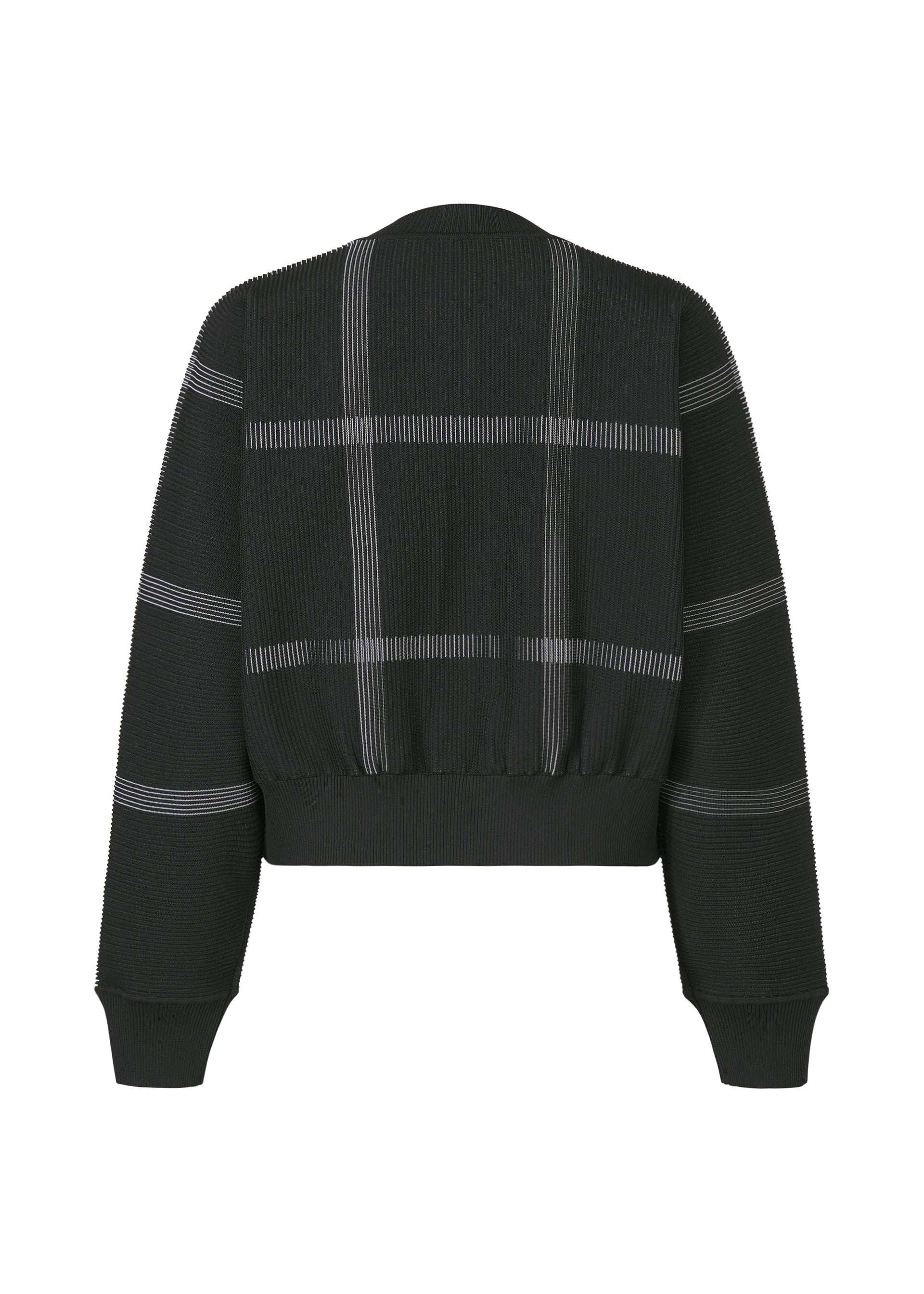 Zoomed view Back view of the CROSSING KNIT by PLEATS PLEASE ISSEY MIYAKE, a black, round-neck long-sleeve ribbed jacket with a grid plaid knit design, fitted waistband, and cuffed sleeves.