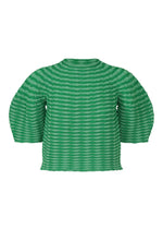 The COLORFUL MUSHROOM KNIT by PLEATS PLEASE ISSEY MIYAKE features a green, textured design with loose long sleeves, a wavy ribbed pattern, round neckline, relaxed fit, and is machine washable for easy care. - GRASS GREEN （no.63）